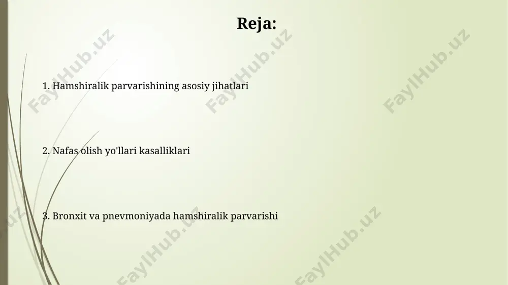 olish tezligini (br) daqiqasiga 20 dan ortiq yoki undan kamligini, qon bosimi (bp) va tana haroratini (t) 38°c dan yuqori ekanligini aniqlash juda muhim. bronxit va pnevmoniyani davolash: hamshiraning roli hamshira bronxitda balg'am ko'chishini yaxshilash uchun postural drenaj, perkussiya va vibratsiyani o'z ichiga olgan maxsus jismoniy mashqlar (masalan, kuniga 2 marta, 10-15 daqiqa davomida) buyuradi va nazorat qiladi. bronxit va pnevmoniyani davolashda hamshira nafas olish tezligini, kislorod saturatsiyasini (spo2) kuniga kamida 3-4 marta baholab, o'zgarishlar haqida darhol shifokorga xabar beradi. pnevmoniya: ta'rifi, sabablari va belgilari pnevmoniyaning eng keng tarqalgan belgilari yuqori harorat (38-40°c), yo'tal, ko'krak qafasidagi og'riq va nafas qisilishi hisoblanadi. ba'zi bemorlarda holsizlik, ishtaha yo'qolishi va bosh og'rig'i ham kuzatilishi mumkin. pnevmoniyaning asosiy sabablari orasida nafas yo'llariga kiradigan bakteriyalar (masalan, streptococcus pneumoniae) va viruslar (masalan, gripp virusi) mavjud. surunkali kasalliklar xavfni 5-10 martaga oshirishi mumkin. e'tiboringiz uchun rahmat @taqdimot_robot image1.jpg image2.jpg image3.jpg image4.jpg image5.jpg image6.jpg image7.jpg
