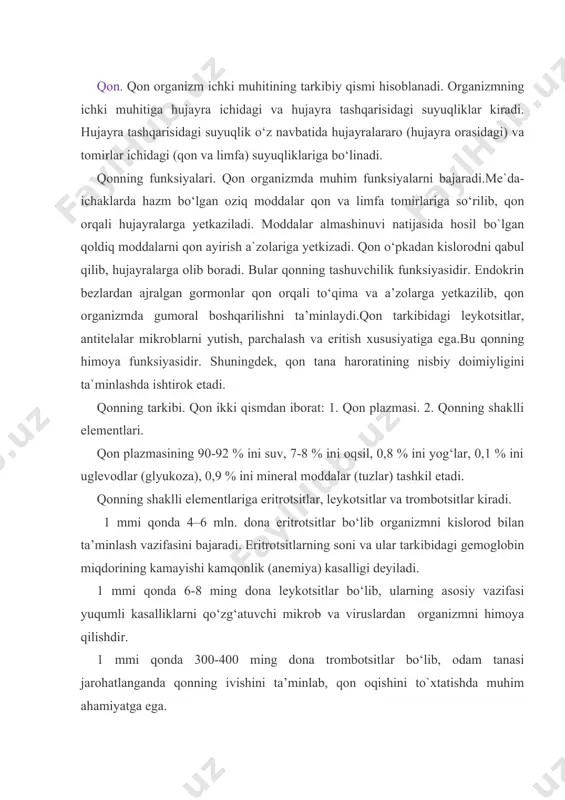 lib, odam tanasi jarohatlanganda qonning ivishini ta’minlab, qon oqishini to`xtatishda muhim ahamiyatga ega. qon guruhi. qonning eritrotsitlari tarkibidagi agglyutinogen a va b, plazmasi tarkibidagi agglyutinin α va β moddalar bo‘lishiga qarab, odamlar qoni to‘rt guruhga bo‘linadi: qon guruhi agglyutinogenlar agglyutininlar i o α β ii a β iii b α iv ab o izoh: i-guruh qonni - hamma qon guruhidagi odamlarga quyish mumkin. ii-guruh qonni – o`ziga va iv-guruhga quyish mumkin. iii-guruh qonni - o`ziga va iv-guruhga quyish mumkin. iv-guruh qonni – faqat iv guruhga quyish mumkin. o`zi esa hamma (i-ii-iii va iv) guruhlar qonini qabul qiladi. yurak-tomir tizimining tuzilishi va funksiyasi. yurak, arteriyalar, kapillyarlar, venalar qon aylanish tizimini tashkil etib, odam organizmida qonning to‘xtovsiz harakatlanishini ta’minlaydi. yurakning nerv-gumoral yo‘l bilan boshqarilib, avtomatik qisqarib va kengayib to`xtovsiz harakatlanishi natijasida, yurakning chap qorinchasidan aorta tomiriga quyilgan arteriya qoni, arteriya va mayda kapillyar tomirlari orqali tananing barcha to‘qima, hujayralariga boradi va undagi …