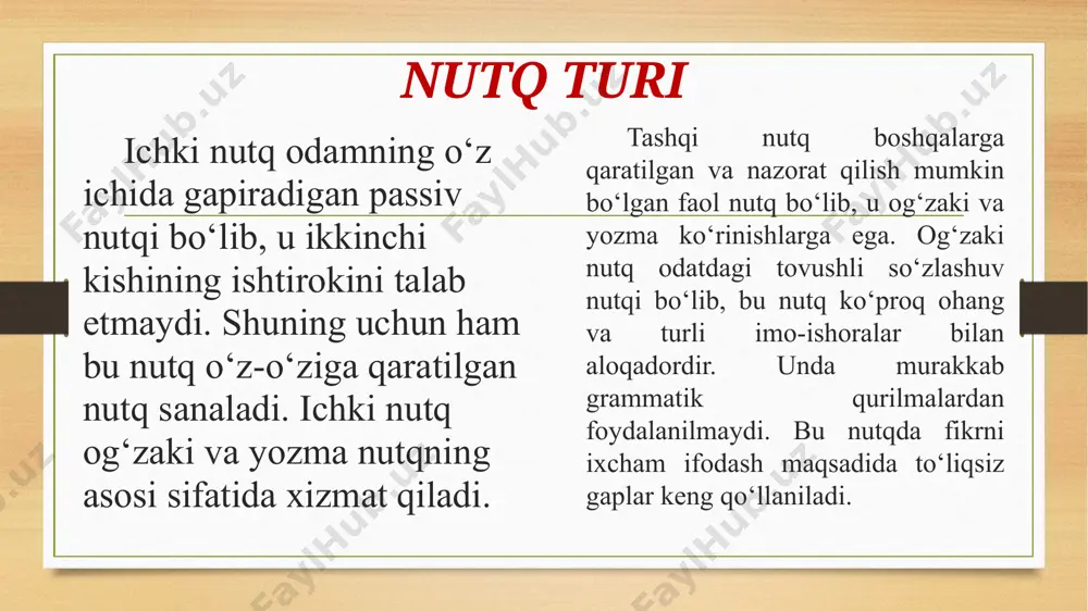 gi. nutq texnikasi – deyilganda nutqni tinglovchi yoki o‘quvchiga yetkazishda qo‘llaniladigan vositalar tushuniladi. nutq ikki xil ko‘rinishda bo‘lganidan uning texnikasini ikki xil ko‘rsatish mumkin. to‘xtam – ovozning vaqtincha to‘xtashi (dam olishi orqali) bo‘lib, bu bir davrda nafas olinadi va nutq a’zolari artikulyatsiyadan to‘xtaydi va nutq oqimi uziladi. to‘xtam davrida nafas olinadi va nutqning navbatdagi qismini talaffuz etishga hozirlik ko‘riladi. to‘xtamdan turli maqsadlarda foydalaniladi. nutqning bir nafas tugaguncha aytilgan qismidan so‘ng yangi nafas olish uchun qilingan to‘xtalish nafasni rostlash to‘xtamida o‘pkaga havo to‘ldirib olinadi. bunday to‘xtamdan radio, televideniye suxandonlari yaxshi foydalanadilar. image7.jpeg image8.jpeg image9.jpeg image3.png image4.png /docprops/thumbnail.jpeg