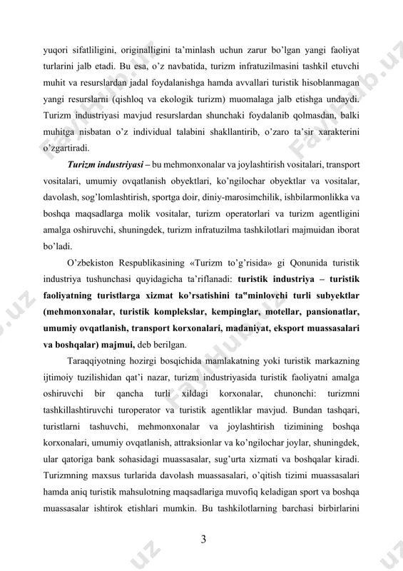 uassasalar, sug’urta xizmati va boshqalar kiradi. turizmning maxsus turlarida davolash muassasalari, o’qitish tizimi muassasalari hamda aniq turistik mahsulotning maqsadlariga muvofiq keladigan sport va boshqa muassasalar ishtirok etishlari mumkin. bu tashkilotlarning barchasi birbirlarini uyg’un ravishda to’ldirishi va iste’molchi uchun zarur bo’lgan hamda assortiment bo’yicha yetarli darajadagi barcha xizmatlarni ko’rsatadi. turizm infratuzilmasi – turistik faoliyatni amalga oshirishda turistlarning turistik resurslaridan bemalol foydalanishini ta’minlovchi bino va inshootlar tizimi, muhandislik va kommunikatsiya tarmoqlari, shu jumladan, yo’llar, axborot texnologiyalari, turizmning turli xizmat ko’rsatish korxonalari va ularni kerakli darajada ishlatish va ta’minlash tushuniladi. bu avtomobil va temir yo’llar, yo’l harakatini, havo yo’llarini, dengiz va daryo yo’llari harakatini tartibga soluvchi, issiqlik, suv, elektr va telefon aloqalari bilan ta’minlash va boshqa kommunikatsiya tizimlaridir. ma’lumki, turizm sohasida turistik resurslari, ya’ni tabiiy-iqlim, tarixiy-madaniy, ma’rifiy, ijtimoiy-maishiy turizm obyektlari bo’lgan hududlarda kerakli infratuzilmani yaratish muhim masalalardan biri hisoblanadi. yo’llarning ravonligiga qarab ham turistlar oqimining oshishi yoki kamayishi mumkin. yo’llar, bozorlar mamlakatning iqtisodiy …