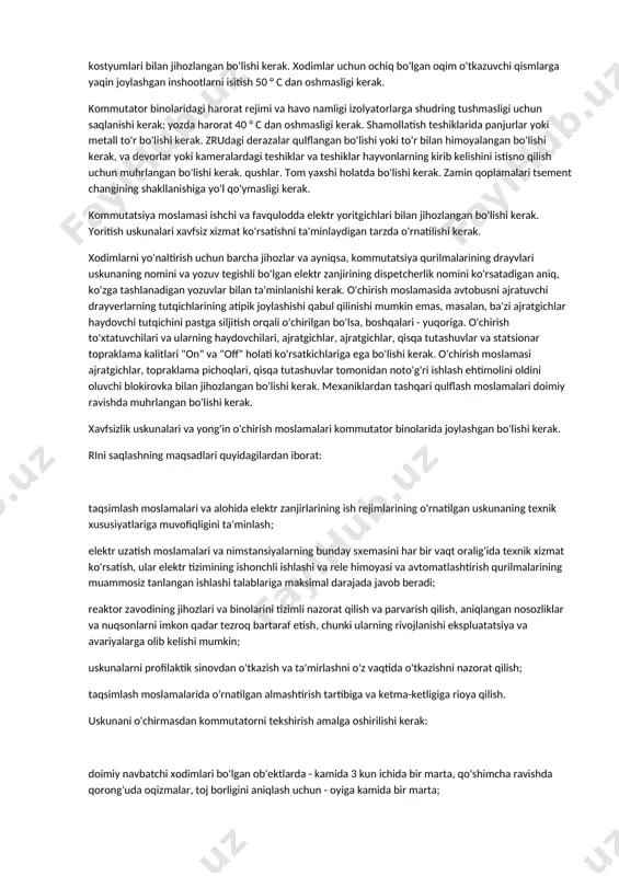 a yopiq (zru). ichkarida va to'g'ridan-to'g'ri tashqarida o'rnatish uchun to'liq kommutatorlar (kru) keng qo'llaniladi (krun). ular statsionar va tortib olinadigan versiyalarda ishlab chiqariladi, yig'ilgan holda etkazib beriladi yoki yig'ish uchun to'liq tayyorlanadi. sf6 gazi izolyatsion va kamon o'chiruvchi vosita sifatida ishlatiladigan muhrlangan o'tkazgich qurilmalari gis deb ataladi. to kommutator uskunalari quyidagi talablarga javob beradi: nominal ma'lumotlarga ko'ra, kommutatorning jihozlari oddiy rejimda ham, qisqa tutashuvda ham ish sharoitlarini qondirishi kerak. oddiy sharoitlarda o'tkazgichlarni oqim bilan isitish standartlarda belgilangan qiymatlardan oshmasligi kerak. bu oqim o'tkazuvchi qismlarning ishonchli ishlashini ta'minlaydi va izolyatsiyaning tezlashtirilgan termal qarishini hisobga olmaganda, iqtisodiy jihatdan oqlangan xizmat muddatini kafolatlaydi. qisqa tutashuv rejimida kommutator uskunasi kerakli issiqlik va elektrodinamik qarshilikka ega bo'lishi kerak. uskunaning izolatsiyasi tarmoqning nominal kuchlanishiga mos kelishi va kommutatsiya va atmosferadagi haddan tashqari kuchlanish tufayli ish paytida yuzaga kelishi mumkin bo'lgan kuchlanishning oshishiga bardosh berishi kerak. izolyatsiya qiluvchi inshootlarning ishonchli ishlashining asosiy shartlaridan biri izolyatsiyani toza saqlash …