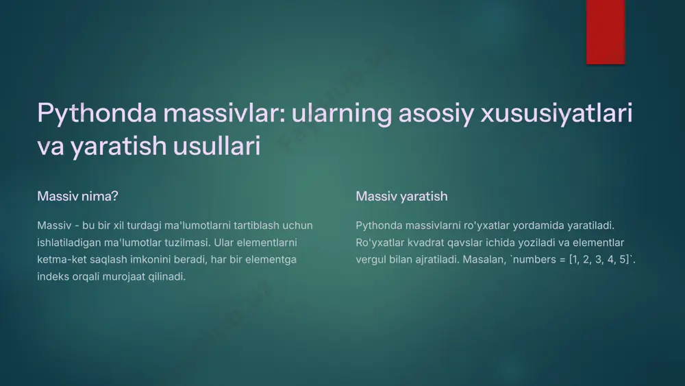 : satrlar va massivlar bilan ishlash 1 tekshirish berilgan satrda ma'lum so'z mavjudligini tekshirish. 2 o'zgartirish satrning barcha harflarini katta harfga o'zgartirish. 3 tartiblash massiv elementlarini tartiblash. 4 qo'shish massivga yangi element qo'shish. 10 amaliy misollar: satrlar va massivlar bilan ishlash 1 misol 1: list ichidagi elementlarning kvadratini olish numbers = [1, 2, 3, 4]squares = [num ** 2 for num in numbers]print(squares) 2 misol 2: satrda har bir so'zning bosh harfini katta qilish sentence = "python dasturlash tili"title_case = sentence.title()print(title_case) 3 misol: matndagi so'zlarni massivga aylantirish va tartiblash: text = "bu python bilan ishlash qiziqarli“ words = text.split() # so'zlarga ajratishwords.sort() # tartiblashprint(words) 4 satr yaratish va ularga kirish: # satr yaratishmy_str = "python"# belgiga kirishprint(my_str[0]) # pprint(my_str[-1]) # n 11 amaliy misollar: massivlar bilan ishlash 1 oddiy massiv yaratishpythonкопировать код# raqamlar massivnumbers = [1, 2, 3, 4, 5]# satrlar massivfruits = ["olma", "anor", "banan"]# aralash turdagi massivmixed = …