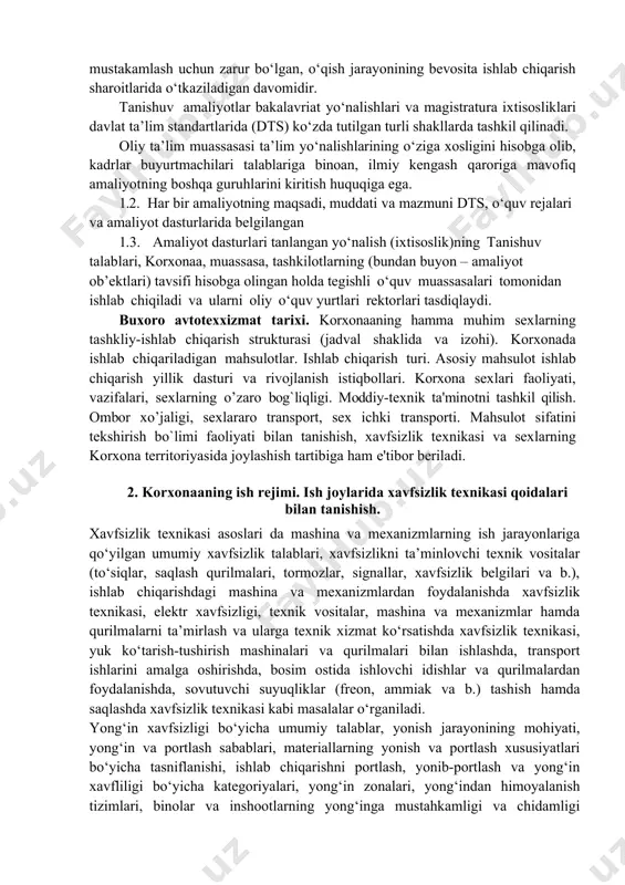 yoʼlga qoʼyish unda oliy ta’lim muassasalari talabalarining tanishuv amaliyotini o‘tkazish shakllari, tartibi va uslublari belgilangan. 1.1. bakalavriat yo‘nalishlari va magistratura ixtisosliklari bo‘yicha mutaxassislar tayyorlashning muhim qismi bo‘lgan talabalar amaliyoti - ilg‘or. korxonaa, muassasalar va tashkilotlarda o‘tkaziladi.talabalar amaliyoti bakalavriat yo‘nalishlari va magistratura ixtisosliklari fanlarining nazariy qismini mustakamlash uchun zarur bo‘lgan, o‘qish jarayonining bevosita ishlab chiqarish sharoitlarida o‘tkaziladigan davomidir. tanishuv amaliyotlar bakalavriat yo‘nalishlari va magistratura ixtisosliklari davlat ta’lim standartlarida (dts) ko‘zda tutilgan turli shakllarda tashkil qilinadi. oliy ta’lim muassasasi ta’lim yo‘nalishlarining o‘ziga xosligini hisobga olib, kadrlar buyurtmachilari talablariga binoan, ilmiy kengash qaroriga mavofiq amaliyotning boshqa guruhlarini kiritish huquqiga ega. 1.2. har bir amaliyotning maqsadi, muddati va mazmuni dts, o‘quv rejalari va amaliyot dasturlarida belgilangan 1.3. amaliyot dasturlari tanlangan yo‘nalish (ixtisoslik)ning tanishuv talablari, korxonaa, muassasa, tashkilotlarning (bundan buyon – amaliyot ob’ektlari) tavsifi hisobga olingan holda tegishli o‘quv muassasalari tomonidan ishlab chiqiladi va ularni oliy o‘quv yurtlari rektorlari tasdiqlaydi. buxoro avtotexxizmat tarixi. korxonaaning hamma …