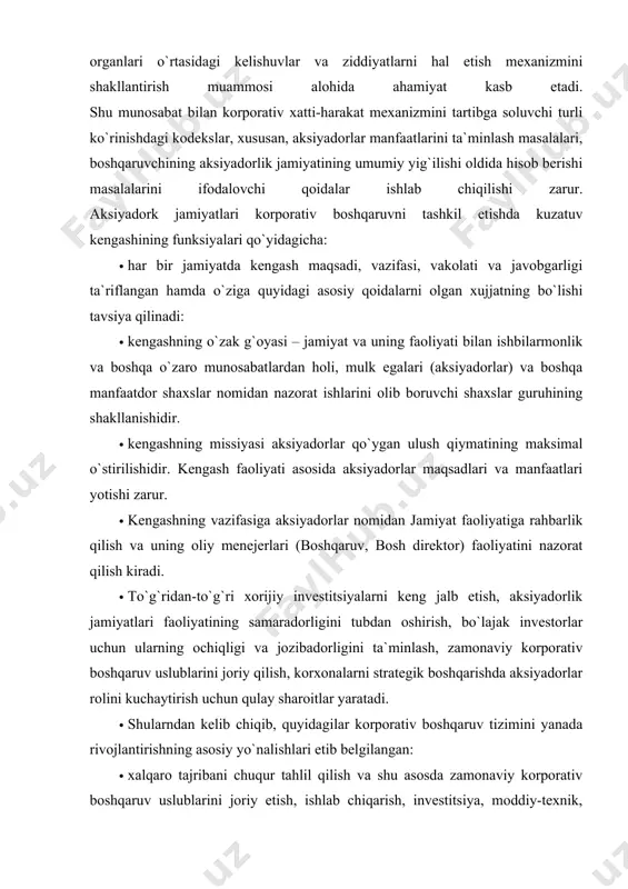v, bosh direktor) faoliyatini nazorat qilish kiradi. · to`g`ridan-to`g`ri xorijiy investitsiyalarni keng jalb etish, aksiyadorlik jamiyatlari faoliyatining samaradorligini tubdan oshirish, bo`lajak investorlar uchun ularning ochiqligi va jozibadorligini ta`minlash, zamonaviy korporativ boshqaruv uslublarini joriy qilish, korxonalarni strategik boshqarishda aksiyadorlar rolini kuchaytirish uchun qulay sharoitlar yaratadi. · shularndan kelib chiqib, quyidagilar korporativ boshqaruv tizimini yanada rivojlantirishning asosiy yo`nalishlari etib belgilangan: · xalqaro tajribani chuqur tahlil qilish va shu asosda zamonaviy korporativ boshqaruv uslublarini joriy etish, ishlab chiqarish, investitsiya, moddiy-texnik, moliyaviy va mehnat resurslaridan foydalanish samaradorligini oshirish chet el kapitali ishtirokida aksiyadorlik jamiyatlarini tashkil etish, aksiyadorlik jamiyatlariga xorijiy investitsiyalarni keng jalb qilish uchun qulay sharoitlar yaratish; · eski bo`linmalar va lavozimlarni tugatish, zamonaviy xalqaro standartlar va bozor iqtisodiyoti talablariga mos yangi bo`linma va lavozimlarni joriy etishni inobatga olgan holda, aksiyadorlik jamiyatlarini boshqarish tuzilmasini tubdan qayta tashkil etish aksiyadorlik jamiyatlarini strategik boshqarish, boshqaruv xodimlarining samarali faoliyatini nazorat qilishni ta`minlashda aksiyadorlar, jumladan, minoritar aksiyadorlar rolini …