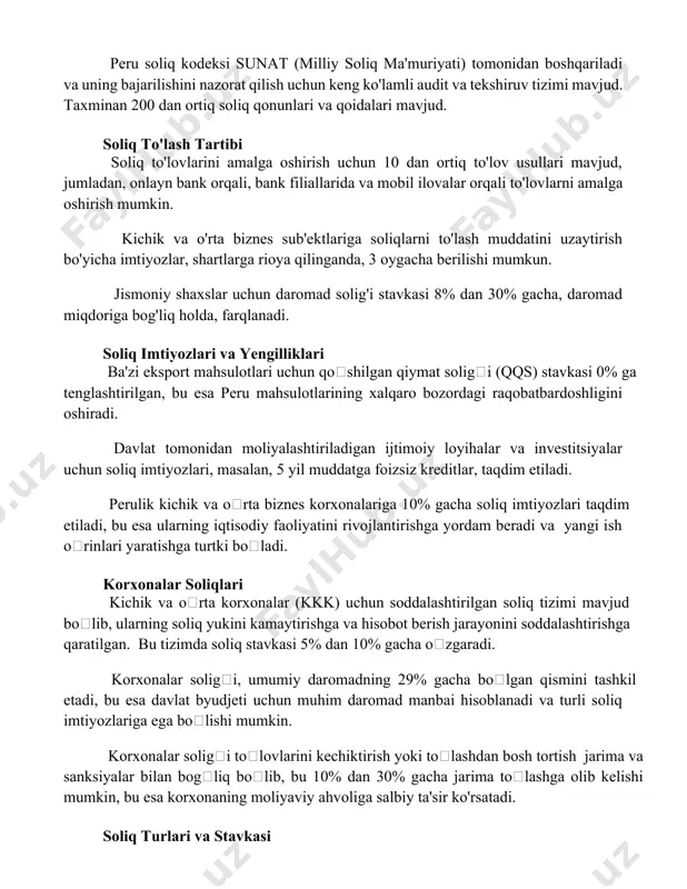 ilovalar orqali to'lovlarni amalga oshirish mumkin. kichik va o'rta biznes sub'ektlariga soliqlarni to'lash muddatini uzaytirish bo'yicha imtiyozlar, shartlarga rioya qilinganda, 3 oygacha berilishi mumkun. jismoniy shaxslar uchun daromad solig'i stavkasi 8% dan 30% gacha, daromad miqdoriga bog'liq holda, farqlanadi. soliq imtiyozlari va yengilliklari ba'zi eksport mahsulotlari uchun qoʻshilgan qiymat soligʻi (qqs) stavkasi 0% ga tenglashtirilgan, bu esa peru mahsulotlarining xalqaro bozordagi raqobatbardoshligini oshiradi. davlat tomonidan moliyalashtiriladigan ijtimoiy loyihalar va investitsiyalar uchun soliq imtiyozlari, masalan, 5 yil muddatga foizsiz kreditlar, taqdim etiladi. perulik kichik va oʻrta biznes korxonalariga 10% gacha soliq imtiyozlari taqdim etiladi, bu esa ularning iqtisodiy faoliyatini rivojlantirishga yordam beradi va yangi ish oʻrinlari yaratishga turtki boʻladi. korxonalar soliqlari kichik va oʻrta korxonalar (kkk) uchun soddalashtirilgan soliq tizimi mavjud boʻlib, ularning soliq yukini kamaytirishga va hisobot berish jarayonini soddalashtirishga qaratilgan. bu tizimda soliq stavkasi 5% dan 10% gacha oʻzgaradi. korxonalar soligʻi, umumiy daromadning 29% gacha boʻlgan qismini tashkil etadi, …