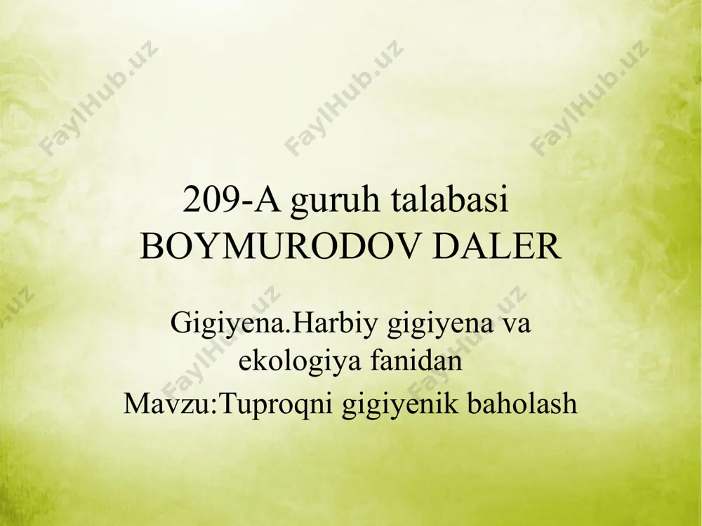 hiqindilardan tozalashdir. suyuq chiqindilarni ajrating (kanalizatsiya, ovqat pishirishdan olingan suv, idishlarni yuvish, tuproqning fizik-mexanik xossalari qatoriga uning donadorligi, g‘ovakliligi, o‘zida nam va suvni tutish xususiyati, kapillyarliligi, namligi, suv o‘tkazuvchanligi kabilar kiradi va ular tuproqning boshqa xossalarini belgilab beradi. bu xususiyatlar esa turli xildagi ob’yektlar, chunonchi turar-joy binolari, davolash-profilaktika muassasalari, maktabgacha va maktab muassasalari, korxonalarni qurish uchun er-joy tanlash, aholi yashash joylarini chiqindilardan tozalash va obodonlashtirish ishlarida ahamiyatga egadir. yirik donador tuproq yuqori g‘ovakli bo‘ladi, shuning uchun bunday tuproqda aeratsiya jarayoni juda yaxshi ketadi, natijada bunday tuproq muhiti tez quriydi, tuproqqa tushgan organik va anorganik iflosliklarning o‘z-o‘zidan tozalanish jarayoni jadallikda boradi. kichik zarrachali tuproqda esa yuqoridagilarning aksi bo‘lib, bunday tuproq muhiti o‘zida namni ko‘p va uzoq muddatlarda ushlaydi, o‘zidan suvni kam va juda sekin o‘tkazadi, foydalanilgan adabiyotlar: b.a. duschanov, o.b. yusupova, x.o. nuraliyeva u.a. aminov radiatsion va harbiy gigiyena e’tiboringiz uchun rahmat! image2.png image3.png image4.jpeg image5.jpeg image6.jpeg image1.png