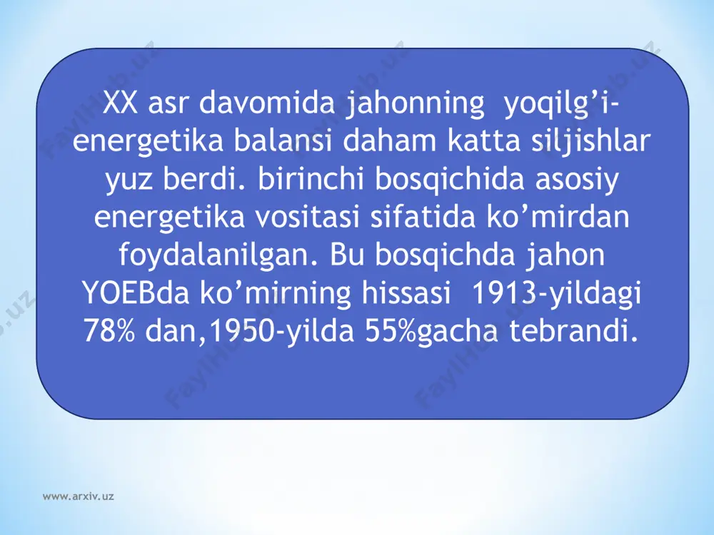 jazoir liviya iroq quvayt qatar venesuela baa saudiya arabistoni www.arxiv.uz www.arxiv.uz hozirgi vaqtda jahonda jami qazib chiqarilayotgan neftning 26 % ga yaqini dengiz sayozligidan qazib chiqarilmoqda. shu yo’l bilan neft qazib chiqarayotgan davlatlar soni 50 tadir. ayrim mintaqa va davlatlarda dengiz neftining hissasi yuqori g’arbiy yevropada 90 % lotin amerikasida 50% www.arxiv.uz www.arxiv.uz gaz sanoati jahon yoeb dagi hissasi 20% ni tashkil qiladi.tabiiy gaz yoqolg’i turlari orasida ekologik jihatdan eng tozasi hisoblanadi. yaqin vaqtlargacha bu sonoat tarmog’i,asosan iqtisodiy rivojlangan mamlakatlarga xos edi. so’ngni yillarda gaz sanoatining ahamiyati rivojlanayotgan mamlakatlarda ham kuchayib bormoqda. www.arxiv.uz www.arxiv.uz hozirgi vaqtda tabiiy gaz zaxiralari hajmiga ko’ra jahonda yetakchi davlatlar rossiya qatar eron turkmanis ton www.arxiv.uz www.arxiv.uz eksport qilish hajmiga ko’ra rossiya kanada indoneziya niderlandiya jazoir import qilish hajmiga ko’ra aqsh germaniya yaponiya fransiya italiya jahonda gazni www.arxiv.uz www.arxiv.uz www.arxiv.uz www.arxiv.uz ko’mir sanoati bu tarmoq 60 dan ortiq mamlakatda mavjud bo’lib,ko’proq rivojlangan davlatlarga katta salmoqqa ega. …