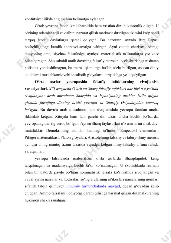 ar. yevropa falsafasida materializm o‘rta asrlarda sharqdagidek keng tarqalmagan va madaniyatga kuchli ta'sir ko‘rsatmagan. u sxolastikada realizm bilan bir qatorda paydo bo‘lgan nominalistik falsafa ko‘rinishida rivojlangan va avval ayrim narsalar va hodisalar, so‘ngra ularning in'ikoslari narsalarning nomlari sifatida talqin qilinuvchi umumiy tushunchalarda mavjud, degan g‘oyadan kelib chiqqan. ammo falsafani ilohiyotga qaram qilishga harakat qilgan din mafkuraning hukmron shakli sanalgan. ilk o‘rta asrlarda falsafiy tafakkur rivojlanishining asosiy shakllari apologetika va patristika bo‘lgan. yevropada, vizantiyada, old osiyo va shimoliy afrikaning ellinlashgan markazlarida xristianlikning tarqalishi boshqa diniy va falsafiy oqimlar bilan qattiq kurash jarayonida yuz bergan. bunda xristianlikka qarshi neoplatonizm falsafasidan keng foydalanilgan. ayni shu davrda apologetika xristianlikni asoslash va himoya qilish falsafasi sifatida vujudga kelgan. apologetika ortidan «cherkov otalari»ning falsafiy ta'limoti – patristika (lot. pater – ota) paydo bo‘lgan. patristikaning eng yorqin vakili gippon (shimoliy afrika)dagi yepiskop avliyo avgustin (354-430)dir. u o‘rta asrlar falsafasiga, shuningdek falsafiy ijodning keyingi davrlardagi ko‘pgina vakillariga kuchli …