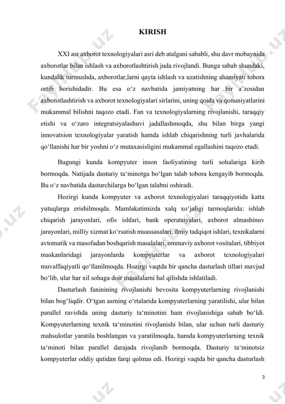 dan foydalanishda foydalanuvchilar ish vaqti davomida ko’plab kutilmagan xatoliklarga duch kelishadi.c # dasturlash tili bunday muammolarni hal qilishning eng samarali vositalaridan biridir.ushbu kurs ishi davomida c # dasturlash tilida yuzaga keladigan xatoliklar, ularning turlari, vujudga kelish sabablari, bartaraf etish usullarini o’rganib chiqamiz. kurs ishi mavzusining dolzarbligi: dasturlash tillari yordamida turli soha vakillarining ishiga ma’lumotlar bilan ishlash bo’yicha qulay interfeysli dastur yaratish. kurs ishining maqsadi va vazifalari: dasturlash tillarini qo’llagan holda turli sohalar uchun foydali qidiruv tizimi va ma’lumotlar bilan ishlovchi dastur yaratish. kurs ishining obyekti: c# dasturlash tilida ishlash va u haqida to’liq ma’lumot berish va uni amalda qo’llash. kurs ishining tarkibi: kirish, asosiy qism, xulosa, foydalanilgan adabiyotlar va internet resurslari va ilovadan iborat. i.bob. c# dasturlash tili va .net framework platformasi 1.1. c# da dasturlash muhiti c# dasturlash tili c tillar oilasining oxirgi versiyalaridan biri hisoblanadi. u “c sharp” deb talaffuz qilinadi. bu dasturlash tili .net framework muhitida ishlovchi, …