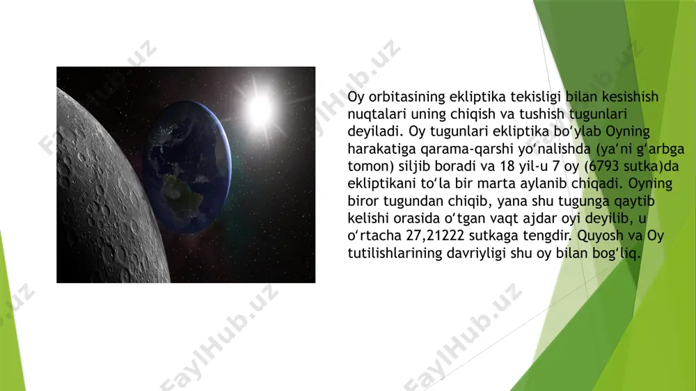 anal va tog‘larni ko‘rish uchun kattalashtirishi 500 va undan yuqori bo‘lgan teleskop zarur o‘zbekistonda oyning to‘liq tutilishi va marsning buyuk ro‘para turishi hodisalari kuzatiladi. oy tutilishi toshkent vaqti bilan 23:24 da boshlanadi. uning so‘zlariga qaraganda, butun o‘zbekiston hududida bir vaqtda — soat 23:24 da boshlanadi, bunda yer soyasi oy diskini sekin-asta to‘sa boshlaydi. bir soatdan keyin, ya’ni 28 iyul soat 00:29 da oy sirti soya bilan batamom qoplanadi, tutilishning to‘la fazasi boshlanadi. xulosa biz uzoqdagi olam va ekzoplanetalarni o‘rganishdan oldin, oy qanday paydo bo‘lganini aniqlab olishimiz kerak. gipoteza va nazariyalar juda ko‘p, ammo hozircha ularning hech birini haqiqat deb aytolmaymiz. ehtimol, bugungi kunda biz bilgan yer va oy g‘alati metamorfozalar va yovvoyi orbital raqslarni boshdan kechirgan, bu ularning aylanishi va kelajagini tubdan o‘zgartirgandir. buni faqat oydagi tabiiy jismlar, uning sirti hamda chuqurroq qatlamlarini o‘rganish orqali aniqlashimiz mumkin. foydalanilgan adabiyotlar shubaev l.p. umumiy yer bilimi. «o’qituvchi» t., 1975, 388 b. 2. …