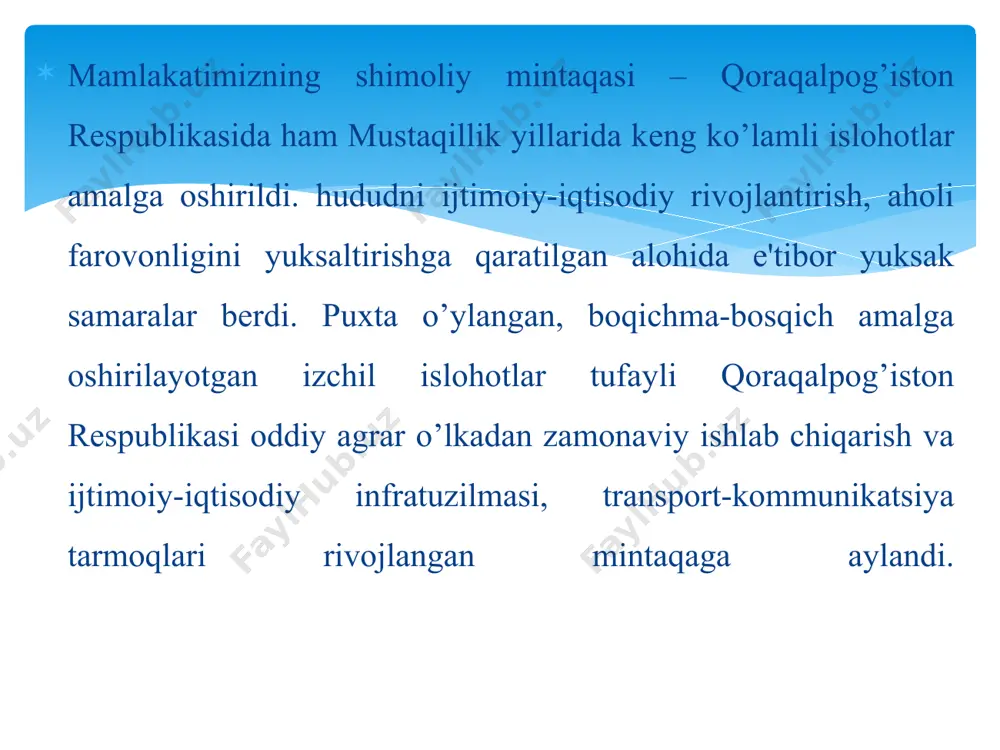 bo'lgan bo'lsa, 2006-yilga kelib 82 ming 600 tadan oshdi. badiiy adabiyot milliy madaniyatining mu-him bo'g'ini sifatida rivojlanmoqda. 2002-2007-yillar mobaynida ikki atoqli qoraqalpoq adiblari -to'lepbergen qaipbergenov va ibroyim yusupovlarga milliy mada-niyatning rivojlanishidagi g'oyatda katta xizmatlari uchun davlati-mizning oliy mukofoti - «o`zbekiston qahramoni» unvoni berildi. bir qator san'atkorlarga «o`zbekiston xalq artisti», «o`zbekiston xalq rassomi», «o`zbekiston san'at arbobi» unvonlari berildi. ayni paytda o'zbekiston fanlar akademiyasining qoraqalpog'iston bo'limi o'lkada fan taraqqiyotining asosiy tayanchi vazi-fasini bajarmoqda. 2002-yilda 3 ta oliy o'quv yurti ishlagan bo'lsa, 2007-yilga kelib ular soni yana ikkitaga ko'payib, jami 5 taga yetdi. ularda zamonaviy kadrlar tayyorlash, o'quv-pedagogik ishlar bi­lan birga fan taraqqiyotiga xizmat qiladigan keng miqyosli ilmiy-tadqiqot ishlari ham olib borilmoqda. 1993-yil yanvarda toshkentda qoraqalpog'iston madaniyati kunlari, noyabr oyida esa qoraqalpog'istonda toshkent madaniyati kunlari o'tkazildi. bu tadbirlar nukus va toshkent madaniyat xodimi faoliyatini bir-birlariga yaqinlashtirdi. 1996-yilda qoraqalpoq xoreografiyasi tarixida birinchi marta «oyjamol» nomli qoraqalpoq baleti (n.muxammedinova musiqasi, t.xodjayev asari) sahnalashtirildi. 1996-yilda o'zbekiston …