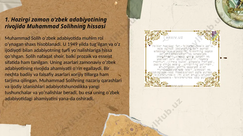 u zamonning qiyinchiliklarini, insonning erkinlik va adolat uchun kurashini ifodalagan. solihning asarlarida milliy uyg‘onish, mustaqillik g‘oyalari, va inson huquqlari masalalari muhim o‘rin tutadi. u o‘zbek adabiyotida yangiliklar yaratgan, eski va yangi davrlar orasidagi bog‘liqlikni o‘rganib, adabiyotga yangi nafas olib keldi. uning she’riyati nafaqat badiiy, balki siyosiy va falsafiy mazmuni bilan ham alohida e’tiborga loyiqdir. muhammad solihning siyosiy faoliyati va adabiy izlanishlari, shuningdek, uning mustaqillik davri adabiyotida o‘rni, o‘zbek adabiyotshunosligi va jamiyatining taraqqiyotiga katta ta’sir ko‘rsatdi. u, o‘z vaqtida, adabiyotning erkin va mustaqil rivojlanishiga, uning siyosiy erkinlikka bo‘lgan ehtiyoji bilan bog‘liq bo‘lgan yangi bosqichlarga o‘tishiga xizmat qilgan. ... t.me/slaydai_bot muhammad solih o‘zbek adabiyotida modernizmning asoschilaridan biri hisoblanadi. uning ijodi modernistik g‘oyalar va texnikalar bilan boyitilgan. solih 1949 yilda tug‘ilgan bo‘lib, 1970-yillardan boshlab adabiyotga kirib kelgan. uning she’rlari va asarlari o‘zbek adabiyotida inqilobiy yangilik sifatida qabul qilindi. solihning modernistik ta’siri adabiyotda kundaliklik, individualizm va ekzistensializm mavzularining rivojiga xizmat qildi. shuningdek, u o‘zbek …
