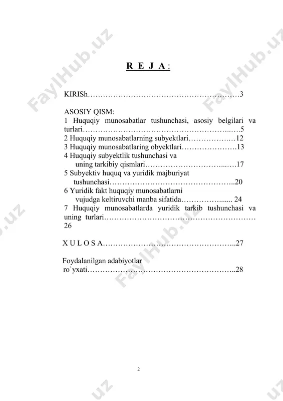 i muammolarni hal etish dolzarb vazifa. bu muammolarni toppish va hal etish uchun ko`proq izlanish va o`rganish kerak. «huquq ijtimoiy hamjihatlik va kelishuvga asoslangan ijtimoiy tartib – intizomga erishish, erkinlik, adolatparvarlik va tenglikni vujudga keltirish vositasi» dir.1 respublikamiz mastaqillikka erishganidan so`ng jamiyat hayotining barcha sohalarini rivojlantirish jahon andozalariga mos o`z milliy qadryatlariga asoslangan demokratik huquqiy davlat qurishga kirishdi. shu munosabat bilan jamiyatda amal qilib kelayotgan huquqiy munosabatlarga ham o`zgartirish kiritish talab etilmoqda. bugungi kunga kelib juda ko`p olimlar va fan nomzodlari jumladan: a.x.saidov, u.tojixonov, x.t.odilqoriyev, z.m.islomov va rus olimlari s.s.alekseev, a.b.vengrov, v.v.lazarev va boshqa bir qator olimlarning ilmiy asarlari va maqolalarida huquqiy munosabatlar masalasi o`rganib chiqilib nazariy jihatdan asoslab berilgan. ushbu kurs ishini yozishda yuqorida nomlari ko`rsatilgan olimlar va fan nomzodlarining ilmiy asarlaridan, ularning izlanishlari natijasida vujudga kelgan maqolalar va monografiyalardan, va asrlar osha shakllanib kelayotgan boy huquqiy merosimizga ham izchil tayanilgan. kurs ishini maqsadi va vazifalari mavzuimning mohiyati ilmiy …