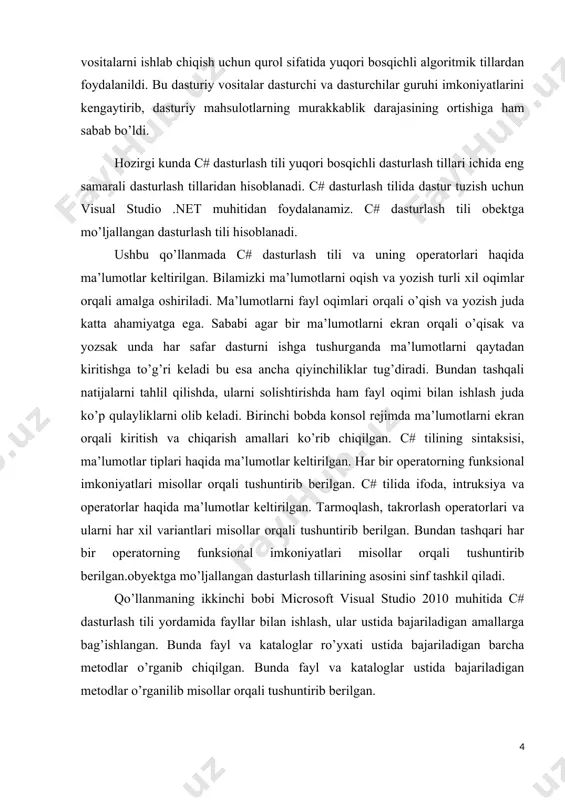 ,limbo, lpc, c#, php, python, perl, verilog va c-shell shular jumlasidan. kompyuter tillari oʻz-oʻzidan emas, balki oʻzaro bir-biriga bogʻliqlikda mavjud boʻladi. har qanday yangi til u yoki bu shaklda oldingi yaratilgan tillarning xossalarini oʻziga meros qilib oladi, yaʼni ketma-ketlik prinsipi amalga oshiriladi. natijada bitta tilning imkoniyatlari boshqalari tomonidan foydalaniladi (masalan, yangi xususiyatlar mavjud kontekstga birlashtiriladi, tilning eski tuzilishlari esa oʻchirib yuboriladi). kompyuter tillarining evolyutsiyasi shunday tarzda roʻy beradi va dasturlash mahorati takomillashtiriladi. c# tili yuqoridagilardan istisno emas, u boshqa dasturlash tillarining koʻplab foydali imkoniyatlarini meros qilib oldi va dunyoda eng koʻp qoʻllaniladigan ikkita kompyuter tillari — ci, c++, shuningdek java tili bilan uzviy bogʻliqdir. c# tili 1972 yilda nyu-djersi shtatining myurrey-xill shahrida bell laboratories kompaniyasining tizimli dastur tuzuvchisi dennis richie tomonidan yaratilgan. bu til oʻzini shunchalik yaxshi koʻrsatdiki, oxir oqibatda unda unix operatsion tizimlarining 90 % yadro kodlari yozildi (oldin quyi darajadagi til assemblerda yozilgan). c# ning vujudga kelishidan oldinroq …