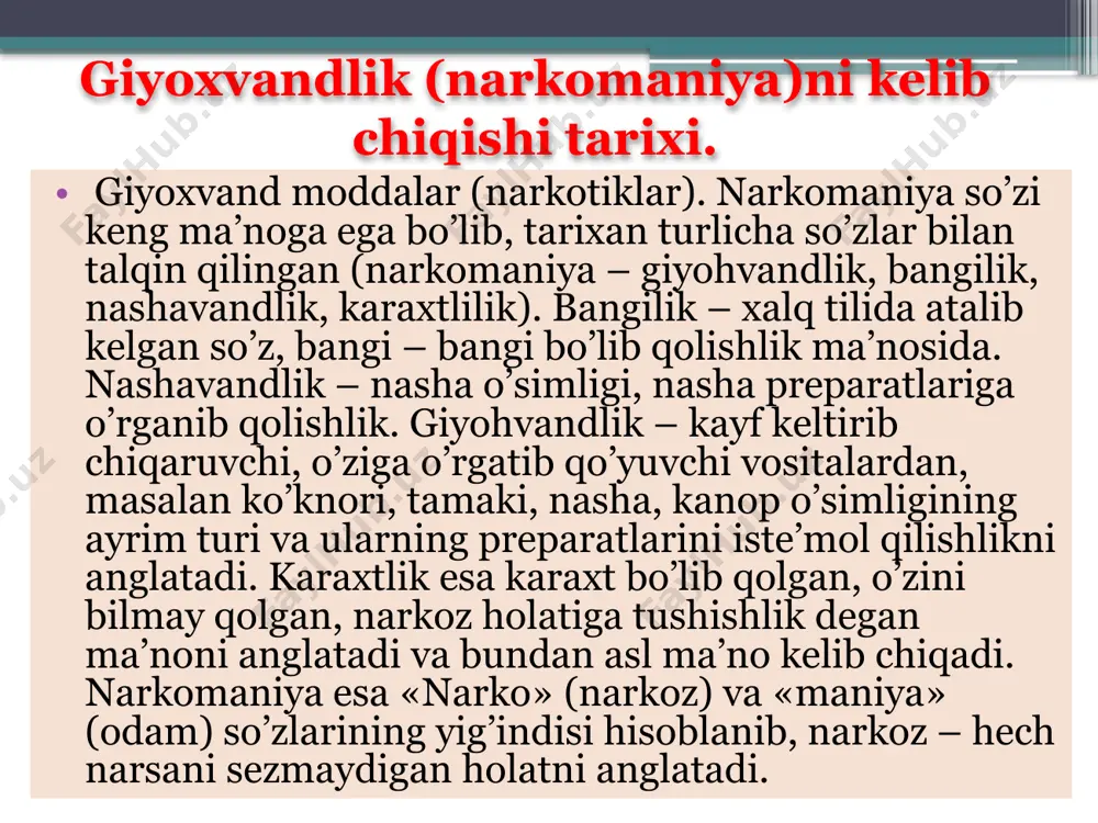 va ishlab chiqarilishiga yo’l qo’ymaslik. 3. narkotik moddalarga ega bo’lishlik. 4. narkotik moddalarni saqlash. 5. narkotik moddalarni bir joydan boshqa joylarga etkazish. 6. narkotik moddalarni o’tkazish va sotish. 7. narkotik moddani ayrim shaxslar tomonidan sun’iy holda ishlab chiqarishlikka yo’l qo’ymaslik. 8. ko’knori o’simligini o’stirib etkazish va boshqalar. yuqorida qayd etilgan masalalarning hammasi shaxsiy javobgarlikka tortish uchun asos hisoblanadi. va eng muhimi narkomaniyaning oldini olish — spid (oits) va vich-infektsiyadan-saqlanishdir. narkomaniyaning boshlanishiga sababchi bo’lgan omillar avvalo aytish mumkinki, narkotik moddalarga o’rganib, giyohvand bo’lib qolishlikning sabablari anchagina. masalan: 1) dastavval boshqalardan ko’rib shunga intilishlik; 2) kayf qilishilikka xavas bilan qarashlik; 3) biror boshqa atrofdagi kishilar yoki tengqurlarining ta’sirida birinchi bor o’zini sinab ko’rishlik; 4) guruhlarga qo’shilib qolishlik; 5) uning yomon oqibatlari haqida chuqur o’ylamaslik; 6) oiladagi ayrim nohushliklar; 7) tarbiyaning etarli darajada bo’lmasligi; 8) ijtimoiy va oilaviy qiyinchiliklar; 9) maktabdagi ayrim shaxslar — «do’stlar»ning ta’siri; 10) ishining yurishmaganligi; 11) ishqiy muhabbatdagi ko’ngilsizlik; …