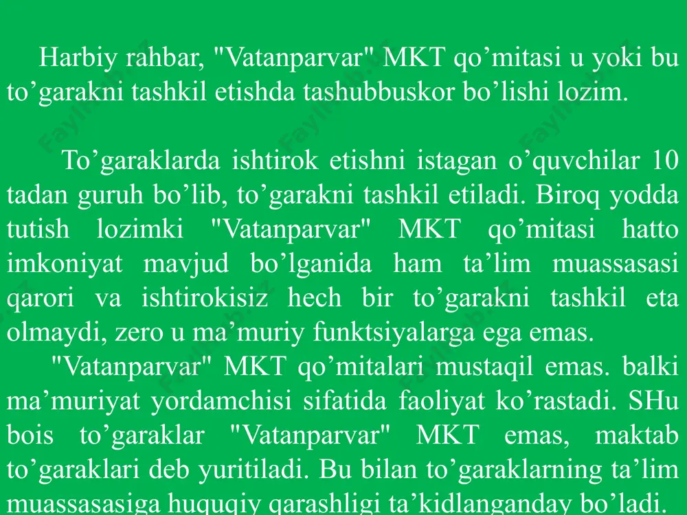 anlari bo’yicha o’zlashtirishning muntazam kuzatib borishi, sinf rahbari va ota-onalari bilan muloqotda bo’lishi zarur. namunaviy dasturlar shuningdek radiosport, yosh o’t o’chiruvchilar, yosh kinologlar to’garaklari uchun ham tuzilgan. mudofaa va harbiy-texnik to’garaklar ishini tegishli o’quv fanlari dasturini o’rganish bilan bog’lash, o’quvchilarga ular bilgan tayyorlanayotgan modellar tuzilishi va ishlashi, kichik o’lchamli mashinalar, radioasboblar tuzilishi asosida yotgan qonunlarni eslatib borish zarur. to’garak a’zolari amaliy ishlarini harbiy ish bilan bog’lab, u yoki bu ilmiy qonun va qonuniyatlar harbiy texnikada qachon va qanday qo’llanishini ko’rsatib borishi lozim. har qanday to’garak bo’lg’usi jangchilarni vatanparvarlik ruhida tarbiyalash uchun keng imkoniyatlarga ega. mashhur kishilar hayoti shiroq, spitamen, muqanna kabi ozodlik uchun kurashgan kurashchilar, amir temur, bobur, jaloliddin manguberdi kabi sarkardalar, ii - jahon urushining o’zbekistonlik qahramonlari jasoratlari yoshlarda oldilaridagi maqsadga erishish yo’lida saboq va qat’iyat, fuqarolik burchi — vatan himoyasiga intilishning yorqin misollari bo’la oladi. to’garak ishlarini tashkil etayotib yodda tutish zarurki, uning muvaffaqiyati amaliy yo’nalganlik va natijalik, …