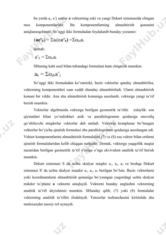 b, masofa kvadrati uchun bunday yozamiz: ammo, shu bilan birga, masofa kvadratining invariant bo’lganligidan: bo’ladi. demak: bu yerdan: * ya’ni ilgaridan ma’lum bo’lgan ortogonallik sharti (15) kelib chiqadi. adabiyotlar: 1. mallin r.h. maydon nazariyasi, t.o’qituvchi, 1965 2. borisenko a.i., tarasov i.ye. vektorniy analiz i nachala tenzornogo ischisleniya, m., 1963 3. kochin n.ye. vektorniy analiz i nachala tenzornogo ischisleniya, 4. m., 1961 5. landau l.d., lifshits ye.m. teoriya polya, m., 1982 image5.png image6.png image7.png image8.png image9.png image10.png image11.png image12.png image13.png image14.png image15.png image16.png image17.png image18.png image19.png image20.png image21.png image22.jpeg image23.jpeg image24.jpeg image25.jpeg image26.jpeg image27.jpeg image28.jpeg image29.jpeg image30.jpeg image31.jpeg image32.png image33.png image34.png image1.png image2.png image3.png image4.png