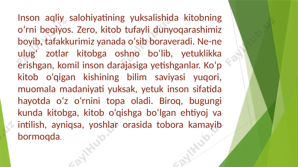 m ajralsa ham, hunardan hech qachon ajralmaydi.hunar doimiy hamroh, madadkordir. ilm – eng buyuk sharaf asalari bilan inson bolasi o‘rtasidagi farq haqida hech o‘ylab ko‘rganmisiz? yigirma kunlik asalarini guldan gulga qo‘nib, asal yig‘ayotganini ko‘p ko‘rgandirsiz. inson farzandi esa faqatgina ikki yoshdan oyoqqa turadi, gapirishni o‘rgana boshlaydi. 6-7 yoshida maktabga boradi. o'qishni, yozishni o‘rganadi. litsey, universitetni tugatguniga qadar ko‘p o‘qiydi, o‘rganadi, intiladi, izlanadi. chunki yashash uchun hayotni, insonlarni o‘rganishga muhtojdir. foyda, zararni bilishga majburdir. biroq asalari bolasi-chi? u asal yig‘ishni o‘rganishi uchun na o‘qishga, na oliy o‘quv yurtini bitirishga ehtiyoji bor. u dunyo hayotiga mukammal holda yuborilgan. inidan chiqar chiqmas ishini boshlaydi. biz esa yigirma kun yoki yigirma yil, umr bo‘yi o‘rganishga muhtojmiz. shuning uchun beshikdan qabrgacha ilm olishga, o‘rganishga buyurilganmiz. inson qobiliyatini bilim va tajriba bilangina oshiradi. xulosa qilib aytganda: dunyoda insonlar turli-tuman kasblarda faoliyat olib boradi. barcha sohalarning ustalari, mutahassislari bir kasb egalari mehnati bilan shakllanadi. o'zbekiston bugungi dunyo …
