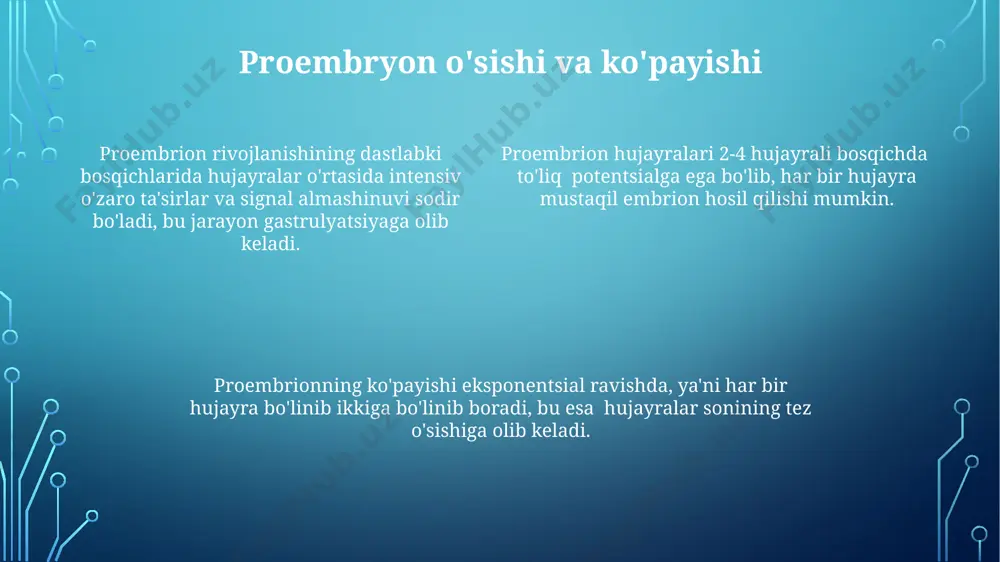 a va apoptoz kabi murakkab jarayonlarni o'z ichiga oladi, natijada 20 ga yaqin asosiy a’zolar sistema shakllanadi. a’zolarning shakllanishi hujayralarning differensiatsiyasi va morfogenez jarayonlarining murakkab o'zaro ta’siri natijasida sodir bo'ladi, bu jarayonlarda taxminan 3 hafta davomida 3 ta asosiy embrion qatlami ishtirok etadi. proembryon rivojlanishining umumiy qonunlari proembryon rivojlanishining dastlabki 2-3 kunida hujayralar sonining eksponentsial o'sishi kuzatiladi, bu hujayra bo'linishining yuqori tezligini ko'rsatadi va blastomerlarning hosil bo'lishini ta'minlaydi. proembryonning o'sishi va rivojlanishi 3 ta asosiy germ qatlam – ektoderma, mezoderma va endodermaning hosil bo'lishi bilan tavsiflanadi, ulardan keyinchalik barcha to'qimalar va organlar rivojlanadi. proembryon rivojlanishida hujayralar differensiatsiyasi va gastrulyatsiya jarayonlari morfogenlarning konsentratsiyasi gradientlari ta'sirida boshlanadi, bu keyinchalik organlarning shakllanishiga asos bo'ladi. proembryon hujayralarining differensiatsiyasi проэмбрион ривожланишининг 7-кунигача, ҳужайраларнинг дифференциацияси натижасида 2 та асосий қатлам – трофобласт ва эмбриобласт ҳосил бўлади, булардан кейинчалик эмбрионнинг барча тўқималари ва органлари ривожланади. проэмбрион ҳужайраларининг дифференциацияси 2-4 ҳужайрали босқичда бошланади ва ҳужайраларнинг ўзаро таъсири, сигнал …