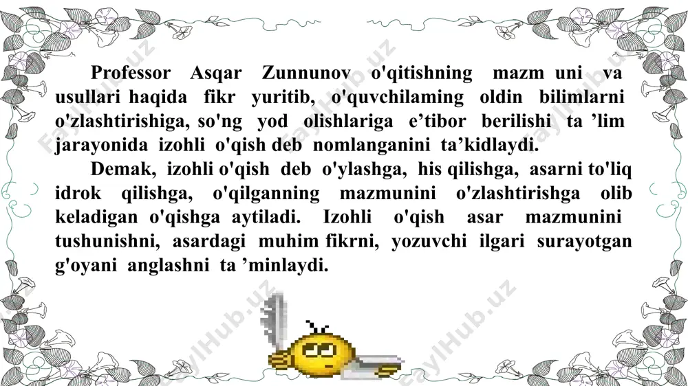 ta’minlaydigan omillardan biri tanlab o‘qishdir. masalan, 3-sinfda x.to'xtaboyevning ,,hassa“ hikoyasi bilan tanishish jarayonida qobil boboning savollariga shavkatning javoblari yoki s.anorboyevning ,,bahs“ hikoyasidagi bolalaming bahslashish epizodi yuzasidan o'qituvchi topshirig'iga ko'ra mazkur o'rinlarni tanlab qayta o'qilishi natijasida ushbu asarlarning badiiy-estetik qimmatini chuqurroq o'zlashtirishga erishiladi. izlanish metodi. bu metod asardagi voqea va tafsilotlar asosida o'quvchilarga savol-topshiriqlar tuzishda, qahramonlarga baho ber­ishda keng qo'llaniladigan usuldir. o'qish darslarida reproduktiv metod keng qo'llaniladi. masalan, o'qituvchi dastlabki darslarda o'zi asar matnini qismlarga bo'ladi, yozuvchi yoki shoirning aytmoqchi bo'lgan muhim fikriga o'quvchilar diqqatini jalb qiladi, uni aniqlab ko'rsatadi, o'quvchilar bilan birga tasvir vositalariga yuklatilgan ma’noni ochib, o'quvchilarga ko'maklashadi. bularning bari o'quvchilar uchun bir ko'rsatm a vazifasini o'taydi. shun­dan so'ng o'quvchilar o'qituvchining ko'rsatm alari yordamida yuqorida ko'rsatib o'tilgan vazifalarni o'zlari mustaqil ravishda bajaradilar. o‘qish malakalari va ularni takomillashtirish usullari dastur talablarini to'liq bajarish va amalga oshirish uchun, birinchi navbatda, o'qish ko'nikmalarini to'g'ri va puxta egallash va takomillashtirib borish zarur. o'qish …