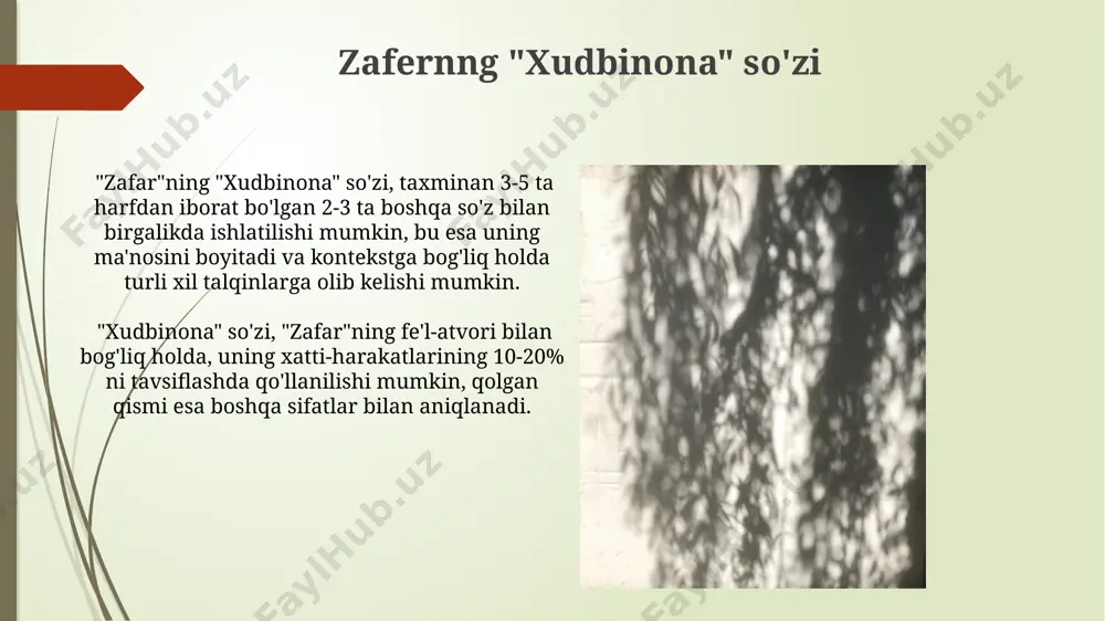 ologik birliklarning mavjudligi orqali boyitiladi, bu esa 1000 dan ortiq so'zlarning ma'noviy ko'p qirrali ifodasini ta'minlaydi. zafernng "to'p" so'zi oʻzbek tilida “to’p” so’zi turli sohalarda qoʻllanilishi natijasida 20 dan ortiq frazeologik birikmalar va idiomalar tarkibiga kiradi, masalan, “to’p-to’p”, “to’p-to’g’ri”, “to’pga otish” kabi iboralar. “to’p” so’zining etimologiyasi turkiy tillarga oid boʻlib, uning qadimgi turkiy tillardagi qoʻllanilish tarixi miloddan avvalgi davrlarga borib taqaladi, leksik ma’nolari zamon oʻtishi bilan kengaygan. stilistik tahlil she'rning stilistik tahlili uning ritmik tuzilishi (3 ta bo'g'inli qofiyalar), fonetik xususiyatlari (ovozlarning uyg'unligi, aliteratsiya) va leksik tanlovi (emotsional yuklangan so'zlarning ishlatilishi) ni o'rganishni o'z ichiga oladi. "stilistik tahlil"da zafar she'rining 3 ta asosiy stilistik vositasini – takrorlash (2 marta), metafora ("kapalak" – bola tasviri) va antonimlarni (masalan, "xudbinona" – bolaning xatti-harakatlarining ziddiyatini ifodalaydi) aniqlash mumkin. e'tiboringiz uchun rahmat @taqdimot_robot image1.jpg image2.jpg image3.jpg image4.jpg image5.jpg image6.jpg image7.jpg image8.jpg image9.jpg image10.jpg image11.jpg image12.jpg