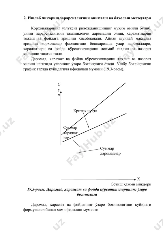 уйидагича ифодалаш мумкин (19.3-расм). сум критик нуқта суммар харажатлар суммар даромадлар х сотиш ҳажми миқдори 19.3-расм. даромад, харажат ва фойда кўрсаткичларининг ўзаро боғлиқлиги даромад, харажат ва фойданинг ўзаро боғлиқлигини қуйидаги формулалар билан ҳам ифодалаш мумкин: жами маҳсулот (иш, хизмат)лар бўйича сотишдан тушум (даромад) = ўзгарувчан харажатлар + доимий харажатлар + фойда маржинал даромад = сотишдан тушум (даромад) - ўзгарувчан харажатлар фойда = маржинал даромад - доимий харажатлар маржинал даромад даражаси = маржинал даромад : сотишдан тушум (даромад) бир бирлик маҳсулот (иш, хизмат) бўйича сотиш баҳоси = 1 бирликга тўғри келувчи ўзгарувчан харажатлар + 1 бирликга тўғри келувчи доимий харажатлар + 1 бирликга тўғри келувчи фойда бир бирликка тўғри келувчи маржинал даромад = сотиш баҳоси - 1 бирликга тўғри келувчи ўзгарувчан харажатлар бир бирликка тўғри келувчи фойда = бир бирликка тўғри келувчи маржинал даромад - 1 бирликга тўғри келувчи доимий харажатлар бир бирликка тўғри келувчи маржинал даромад даражаси = бир бирликка …