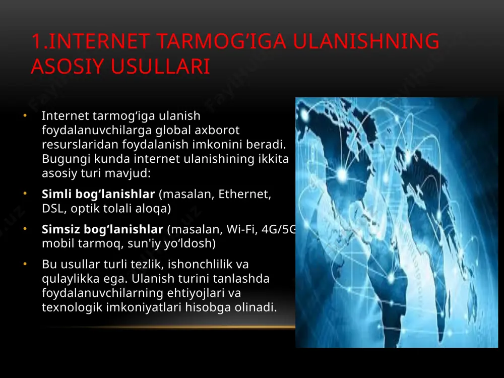 esa parol va shifrlash texnologiyalari yordamida himoya qilish talab etiladi. 5. internet tarmog‘iga ulanish usullarini tanlashda e'tibor berilishi kerak bo‘lgan omillar tezlik va kechikish: ulanish turini tanlashda kerakli tezlik va kechikish darajasi hisobga olinishi lozim. masalan, onlayn o‘yinlar yoki real vaqtda video oqimlari uchun tez va past kechikishga ega ulanish kerak bo‘ladi. narx: ulanish narxi ham muhim omillardan biri bo‘lib, har bir foydalanuvchi o‘z ehtiyojiga va byudjetiga mos keladigan ulanish turini tanlashi kerak. hududiy qamrov ba'zi hududlarda optik tolali internet mavjud bo‘lmasligi mumkin, bu esa mobil yoki sun'iy yo‘ldosh orqali ulanishni tanlashga undaydi. qo'shimcha innovatsion texnologiyalar va kelajak istiqbollari sun'iy yo‘ldosh interneti (starlink va boshqa loyihalar) sun'iy yo‘ldosh orqali internet ulanishi chekka hududlarda va qishloq joylarda internetga kirish imkoniyatini kengaytiradi. masalan, starlink loyihasi yerning turli nuqtalarida tez va barqaror internet ulanishini taʼminlashni maqsad qilgan. bu texnologiya 50 mbps dan 200 mbps gacha tezlikni ta'minlay oladi va sun'iy yo‘ldoshlar tarmog‘i yordamida …