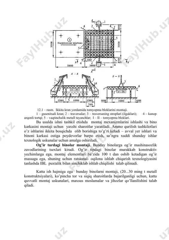 onolit poydevorlarning mavjudligi, yerto’lalarni borligi , pol sathi balandligining farqi, ayrim hollarda oraliqlarda montaj mexanizmlarini nafaqat o’rnatish hatto ko’chish imkonini bermaydi. ammo ochiq usulda keng front bo’ylab ko’p hajmli yer ishlarini, bino konstruktsiyalari va texnologik uskunalar osti poydevorlarini barpo etishni, barcha muhandislik kommunikatsiyalarini o’rnatishlarni bajarish mumkin. yopiq usulda dastlab binoning karkasi barpo etiladi, yer ishlaridan boshlab, karkas ostiga monolit va yig’ma poydevorlarni barpo etilib, binoning barcha yer usti konstruktsiyalarini montaj qilinadi, tomyopma konstruktsiyalari va tomqoplamalarini barpo etish ishlari bajariladi. yuqoridagi ishlar bajarilab bo’lingandan so’ng, kotlovanni qazib, texnologik uskunalarning poydevorlarini betonlash uchun imkoniyat paydo bo’ladi. 12.1 – rasm. ikkita kran yordamida tomyopma bloklarini montaji. 1 – gusenitsali kran; 2 – traversalar; 3 – traversaning stroplari (ilgaklari); 4 – kanop arqonli tortqi; 5 – vaqtinchalik metall tayanchlar; і – іі – tomyopma bloklari. bu usulda ishni tashkil etishda montaj mexanizmlarini ishlashi va bino karkasini montaji uchun yaxshi sharoitlar yaratiladi. ammo qurilish tashkilotlari …
