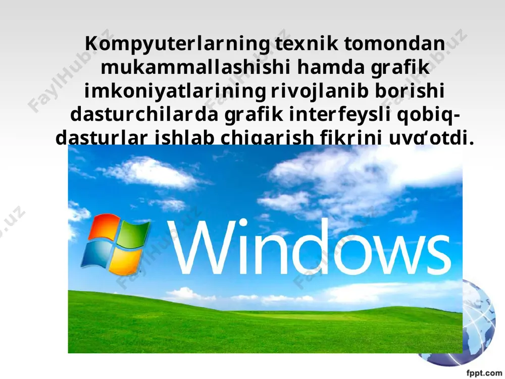 tish” va rivojlantirish uchun maxsus vositalari mavjudligi bilan ajralib turadi. kompyuterlarning jadallik bilan rivojlanishi va operatsion sistemalarga qo‘yilayotgan talabning ortib borishi 1999-yil oxiriga kelib windows 2000 operatsion sistemasining ishlab chiqarilishiga olib keldi. 2001-yilda ishlab chiqarilgan windows xp (experience – tajriba, sinov) operatsion sistemasi windowsning avvalgi naqllaridan o‘zagi bilan tubdan farqlanadi. windows operatsion sistemasining asosiy afzalligi – ko‘p vazifaliligidir! kompyuterning power tugmasi ishga tushirilishi bilanoq windows operatsion sistemasi tezkor xotiraga yuklanadi va ekranda windowsning ish stoli aks etadi. windowsga kirish. windowsdan chiqish. windowsdan chiqish uchun sichqonchaning ko‘rsatkichi “boshlash” tugmasi ustiga keltirilib chap tugmasi bosiladi. sichqonchadan foydalanish o‘rniga alt+f4 tezkor klavishlarini bosib ekranga yuqoridagi oynani chaqirish mumkin. yo‘nalish klavishlari orqali ulardan keraklisi tanlanadi va enter klavishi bosiladi. savol va topshiriqlar: 1. grafik va nografik operatsion sistemalarning farqini tushuntirib bering. 2. windows operatsion sistemasining qanday afzalliklari bor? 3. windows obyekti deb nimalarga aytiladi? misollar keltiring. 4. savatchadan qanday maqsadda foydalaniladi? 5. kontekstli sezuvchanlik …