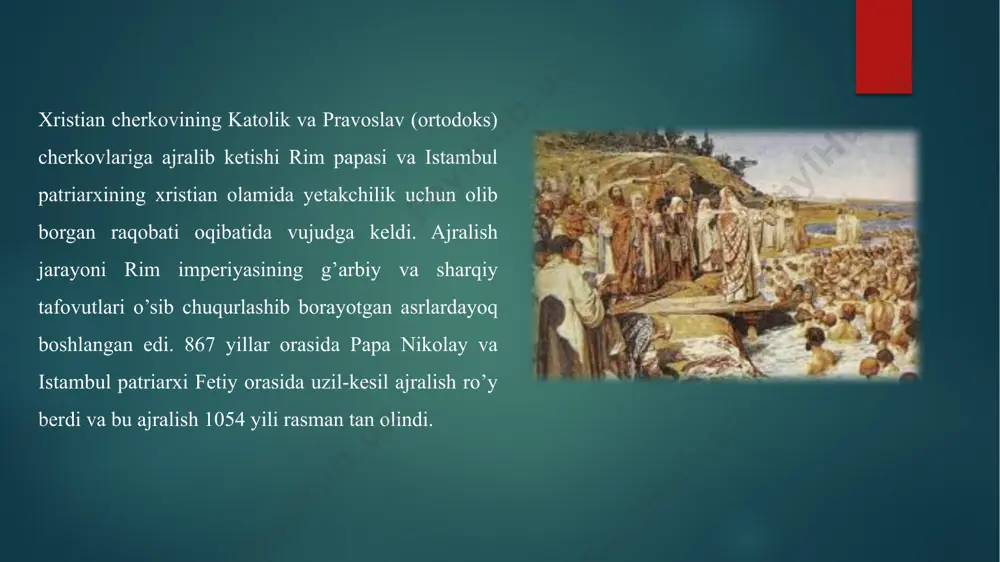 asosiy g’oyasi – isoning odamzodning xaloskori «messiya» ekanligi yahudiylikda mavjud bo’lib, oxiratga yaqin kelishi kutilayotgan xaloskor haqidagi ta’limotdan kelib chiqqandir. keyinchalik bu ta’limot xudoning mujassamlanishi yoki isoning ikki xil – odam va xudo mohiyati haqida «gunohni yuvish», ya’ni isoning o’zini ixtiyoriy tarzda qurbon qilishi haqidagi ta’limot bilan mustahkamlanadi. xristianlik ota-xudo, o’g’il-xudo va muqaddas ruh – uch yuzlik xudo (trinity) to’g’risidagi ta’limotni, jannat va do’zax, oxirat, isoning qaytishi haqidagi va boshqa aqidalarni o’z ichiga oladi. foydalanilgan adabiyotlar ro’yxati1. 1. vasilbayev a.s. sharq dini tarxixi.toshkent:1989 2.rahimjonov.d.o. 9-sinf dunyo dinlar tarixi.t:,”toshkent islom davlat universieti”2016 3.karimov i.a inson huquqlari va erkinliklari eng oliy qadriyat. toshkent “o’zbekiston”nashriyoti 2007 4.umarjonov o.s dinshunoslik.f.,1997 5.jo’rayev u., saidjonov i.dunyo dinlari tarixi.o’quv qo’llanmasi t.:2004 image6.png image7.png image8.png image9.png image10.png image11.png image12.png image13.png image2.png image3.png image4.png image5.png