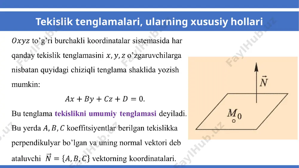 aytiladi. tekisliklar orasidagi burchak tekisliklar orasidagi burchak tekisliklarning perpendikulyarlik sharti normal vektorlarning perpendikulyarlik shartiga teng kuchli: yoki . tekisliklar orasidagi burchak tekisliklarning parallellik sharti va vektorlarning kollinearlik shartiga teng kuchli: yoki tekisliklar orasidagi burchak misol. va tenglamalar bilan berilgan tekisliklar perpendikulyar bo’lishini tekshiring. yechish. berilgan tekisliklarning normal vektorlarini yozamiz: va . agar tekisliklar perpendikulyar bo’lsa, ularning skalyar ko’paytmasi . tekisliklar orasidagi burchak misol. ox o’qida oa=3 kesmani kesib o’tuvchi va vektorga perpendikulyar bo’lgan tekislik tenglamasini tuzing. yechish. shartga muvofiq a(3,0,0) nuqta qidirilayotgan tekislikka tegishli. v c) xususiy holga muvofiq bu tekislik quyidagi ko’rinishga keladi tekisliklar orasidagi burchak tekisliklar orasidagi burchak misol. berilgan tetraedrning bcd ning tekislik tenglamaasini yozing. uchlarining koordinatalari a(1; 1; 1), b(0; 2; 5), c(3; -1; 4), d(4; 2; 1). bcd tekisligining tenglamasi: a b с d h foydali adabiyotlar ro’yxati 01 02 claudio canuto, anta tabacco. mathematical analysis i, (ii). springer-verlag, italia, milan, 2008 (2015). б.а.худаяров математика. …