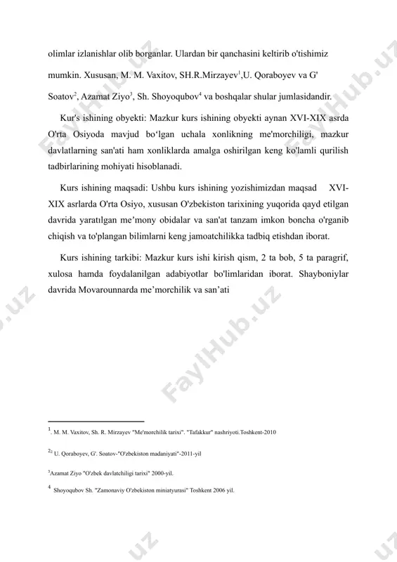 nchli kishilari, qarindoshlari, yink qabila boshliqları, harbiy yurishlarda o’zini ko’rsatgan o’zbek sultonlari muyassar bo'lgan o'lgan. shuni alohida aytib o'tish kerakki, xonlikning davlat chegaralan doimiy bo'lmay, tez-tez o'zgarib turgan ba'zi viloyatlar tashqi va ichki siyosiy vaziyatga qarab markaziy hokimyatga bo'ysunmay qo'ygan va ularni qayta bo'ysundirish uchun harbiy yurishlar olib borilgan. shayboniylar qo'shini asosan otliq va piyoda askarlardan tashkil topgan. shayboniy hukmdorlar poytaxt buxoro va uning atroflarini obod qilishga harakat qildilar. ayniqsa, bu ishlar abdulaxon ii (1534-1598) davrida me'morchilikka katta e'tiborini qaratdi. bu haqida akademik v.v. bartold shunday deydi "abdulaxon ikkinchini qoraxoniy arslonxon va amir temurdan keyingi buyuk quruvchi deb atalgan darhaqiqat abdulaxon ikkinchi qurdirgan bino va inshootlarni bugungi kunda ham buxoro viloyatidan to sirdaryo vohalarigacha uchratish mumkin"[footnoteref:5] xvi asr davomida shu davrning barcha muhandislik imkoniyatlari va jamiyatning ma'naviyat va madaniyati darajasiga mos ravishda ko'plab binolar, me'moriy majmualar, inshootlar bunyod etildi. mir arab madrasası, masjidı kalon, mag'oki attori masjidi, toqi zargaron, toqi …