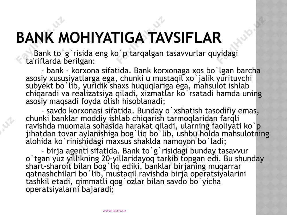 qa shakllarga nisbatan barqarorligidan iborat. www.arxiv.uz xususiy bank xususiy bank – muassislar - jismoniy shaxslar ulushi ustav kapitalining 50 foiziddan kam bo`lmagan ulushini tashkil etib, uning qolgan qismi nodavlat yuridik shaxslarga tegishli bo`lgan bankdir. www.arxiv.uz shu'ba bank shu'ba bank – ustav kapitali to`liq norezident-bank tomonidan to`langan bankdir. bizning respublikamiz hududida bunday banklarni ochish uchun moliyaviy ahvoli mustahkam bo`lib, ish-faoliyatida bekami-ko`st obro` qozongan norezident-banklargagina ruxsat beriladi. shu'ba-bank ochishni yoki bank kapitalida ishtirok etishni istagan norezident-bank ustav kapitali kamida 30 mln. dollarni (ekvivalentda) tashkil etishi kerak. www.arxiv.uz banklarni ro`yxatdan o`tkazish va faoliyatini litsenziyalash tartibi banklar markaziy bankda ro`yxatdan o`tkazilib, litsenziya olganidan keyingina bank operatsiyalarini amalga oshirishi va yuridik shaxs maqomini olishi mumkin. banklarni ro`yxatdan o`tkazish va litsenziyalashning huquqiy asoslari banklar va bank faoliyati to`g`risidagi qonunning 5, 10 – 13-moddalarida tartibga solinib, ular markaziy bankning maxsus me'yoriy hujjatida o`zining aniq ifodasini topdi. www.arxiv.uz markaziy bankning nazorat funksiyalari markaziy bankning nazorat funksiyalarini amalga oshirish …
