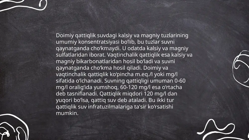 sellyulozali tolalarni gidroksidi eritmalar yordamida yumshatish mumkin. bu jarayon tekstil sanoatida keng qo'llaniladi, masalan, matolarning silliq va yumshoq bo'lishini ta'minlash uchun. yumshatish jarayonida ma'lum miqdorda issiqlik va reaktivlar, masalan, sulfat kislota yoki natriy gidroksid, ishlatilishi mumkin. shu bilan birga, jarayon natijasida chiqindilarni to'g'ri boshqarish talab etiladi, chunki kimyoviy moddalar ekologik muammolarni keltirib chiqarishi mumkin. ... t.me/slaydai_bot 10. suv qattiqligi va sanoat jarayonlari 10. suv qattiqligi va sanoat jarayonlari suv qattiqligi uning tarkibidagi kaltsiy va magniy ionlarining konsentratsiyasi bilan belgilanadi. qattiq suv sanoat jarayonlariga, masalan, qozonlarda tatar va qoldiq hosil qilishi mumkin bo'lganligi sababli salbiy ta'sir ko'rsatadi. qattiq suvdan foydalanish natijasida texnologik uskunalarda bitta millimetr qalinlikdagi ohak cho‘kmasi issiqlik o'tkazuvchanlikni taxminan 12% ga kamaytirishi mumkinligi aniqlanadi. suvning optimal qattiqligi gashastalik tufayli o‘rtacha 1,5–2 mmol/l oralig‘ida bo‘lishi maqsadga muvofiq. shu sababli, qattiq suvni yumshatish texnologiyalari, masalan, ion almashinuvi yoki membrana filtratsiyasi, sanoat uchun muhim ahamiyat kasb etadi. ... t.me/slaydai_bot xulosa suvning qattiqligi …