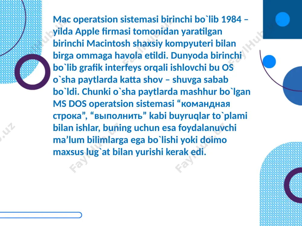 , shunday bexato ishlayveradi (shu yerda bitta nozik tarafi bor: programma yoki o`yin mac osning shu versiyasiga ham to`g`ri kelishi kerak). yoki siz bir kompyuterdagi barcha ma’lumot va o`rnatilgan sistemaviy o`zgarishlarni (настройки) o`zgartirmagan holda boshqasiga olib o`tmoqchimisiz? unda barcha kataloglarni shunchaki nusxalab olib o`tsanigiz shuning o`zi kifoya. operatsion tizimlar operatsion muhit haqida tushuncha operatsion muhit - amaliy dasturlarni ishlab chiqish va ular bajarilishini taʼminlaydigan vositalar majmuasi. operatsion muhit operatsion tizim dasturiy ta’minot amaliy dasturlar interfeyslari tarmoq xizmatlari ma’lumotlar bazalari dasturlash tillari operatsion tizim haqida tushuncha operatsion tizim - kompyuter resurslarini, maʼlumotlarni muvofiqlashtiradigan va boshqaradigan dasturiy taʼminotning asosiy qismi yoki, dasturlarning bajarilishini boshqaradigan va tizimning resurslarini taqsimlash, rejalashtirish, kirish- chiqishni va maʼlumotlarni boshqararish kabi vazifalarni taʼminlaydigan dasturiy vosita. аsosan operatsion tizimlar koʼproq dasturiy boʼlsalar ham, biroq, qisman apparat vositalarida ham qoʼllanishi mumkin. qisqacha qilib aytganda operatsion tizim foydalanuvchi va qurilma oʼrtasidagi muloqotni taʼminlab beradigan vositadir. operatsion tizimning asosiy vazifalari tizimini boshqarish …