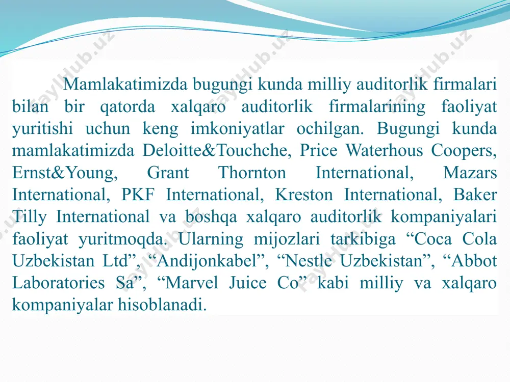 ing predmetiga xo’jalik yurituvchi sub’ekti moliyaviy hisobotining to’g’riligi, hisob, soliq siyosatiga to’liq amal qilinishlikni tekshirish ham kiradi. auditning aniq predmeti yoki ob’ekti mijoz bilan tuzilgan shartnomaga bevosita bog’liq bo’ladi. xo’jalik jarayonlarning auditi ma’lum ko’rsatkichlarni tekshirish orqali amalga oshiriladi. ushbu ko’rsatkichlarning ikkiga bo’lish mumkin: - miqdor ko’rsatkichlari; - sifat ko’rsatkichlari. miqdor ko’rsatkichlar - ishlab chiqarilan mahsulotlar, sotilgan tovarlar, bajarilgan xizmatlar hajmidan iborat. sifat ko’rsatkichlar - faoliyat yuritish bilan bog’liq bo’lgan xarajatlar, foyda, mehnat unumdorligini ifodalaydi. xo’jalik yurituvchi sub’ektlarning alohida jarayonlari va ko’rsatkichlari auditning ob’ektlari hisoblanadi. auditning predmetiga xo’jalik yurituvchi sub’ektlarga dolzarb masalalarda konstalting xizmatlarini ko’rsatish ham kiradi. auditorlar va auditorlik tashkilotlari xo’jalik yurituvchi sub’ektlarga o’zaro tuzilgan shartnomalarga asosan “biznes reja” tuzish, hisob siyosatini belgilash, soliqlarni to’g’ri hisoblash, mahsulot tannarxini aniqlash, moliyaviy hisobot tuzish kabi masalalarda yaqindan yordam beradi. audit maqsadi va vazifalari. auditning o’ziga xos usullari va uslubiyati mavjud. bu usullar auditning xususiyatlaridan kelib chiqadi. xo’jalik yurituvchi sub’ektda audit o’tkazish mutaxassis …