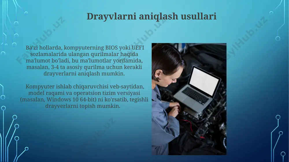 tozalashga yordam beradi. drayvlarni to'liq o'chirish uchun device manager-dan foydalaning, "uninstall device" opsiyasini tanlang va kompyuterni qayta ishga tushirgandan so'ng, operatsion tizim yangi drayverlarni avtomatik ravishda o'rnatishi mumkin. drayvlarni yangilash drayvlarni yangilashdan avval, tizimingizning zaxira nusxasini yaratish tavsiya etiladi, shunda 5% ehtimoldagi muammo yuzaga kelsa, avvalgi holatga qaytishingiz mumkin. ba'zi drayvlarni avtomatik yangilash xususiyatidan foydalanib, 1000 dan ortiq qurilmalar uchun yangilanishlarni bir vaqtning o'zida qidirishingiz va o'rnatishingiz mumkin, bu esa vaqtni tejashga yordam beradi. drayvlar nima va ularning ahamiyati drayvlarning noto'g'ri yoki eski versiyalari kompyuterning ishlash tezligini pasaytirishi, qurilmalarning noto'g'ri ishlashiga yoki hatto tizimning butunlay ishlamay qolishiga olib kelishi mumkin, shuning uchun drayvlarni muntazam ravishda tekshirib va yangilab turish kerak. drayvlar kompyuterning operatsion tizimi bilan apparat komponentlari (masalan, printer, skaner, video karta) o'rtasidagi muloqotni ta'minlovchi maxsus dasturiy ta'minotdir, ularning to'g'ri ishlashini kafolatlaydi. qurilmalar boshqaruvchisidan foydalanish qurilmalar boshqaruvchisidan foydalanib, eski yoki ishlamayotgan qurilmalarni o'chirishingiz mumkin (uninstall), bu esa 50 mb gacha …
