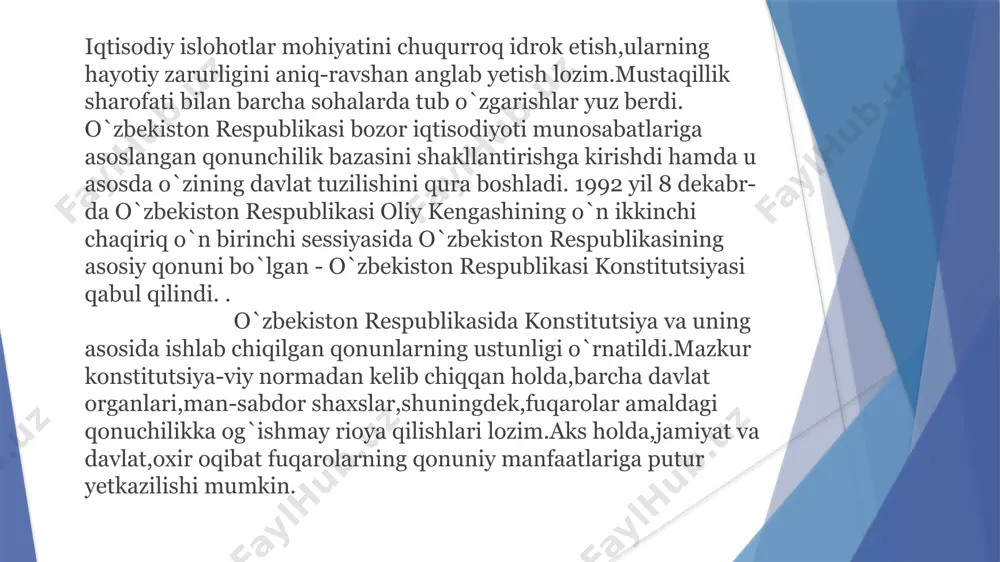 hujjatlarning aniq va og`ishmay bajarilishidir. qonuniylikning asosiy vazifasi – mamlakatning ijtimoiy va davlat tuzumini mustahkamlash,bozor iqtisodiyotiga o`tish uchun mulk-ning turli shakllariga yo`l ochish va ularni qo`riqlash,fuqarolarning huquqlari,ekrinliklari va burchlarini mustahkamlashdir.³ lekin bunday tushuncha qonuniylikning mazmunini to`liq yoritib bera olmaydi. d.n.baxraxning ko`rsatishicha,qonuniylik mazmunini aniqlashda, birinchi navbatda,qonunlarning sifatiga e'tibor qaratish,ya'ni uning ijtimoiy munosabatlarga,huquqqa mos kelishini aniqlash kerak.qonunlar – ijtimoiy munosabatlarni tartibga soluvchi o`ziga xos vosita sifatida,jamiyatda mavjud bo`lgan iqtisodiy darajaga, tashkilotchilik,madaniyat va axloqiy qoidalarga mos bo`lishi kerak. qonuniylik –davlat huquqining jamiyat va fuqarolar manfaati yo`lida legalizatsiyalash vositasi bo`lishi kerak. qonuniylik – bu yuqori sifatli huquqiy normalarning yetarlicha mavjud bo`lishi va barcha huquq subyektlari tomonidan unga qat'iy rioya etishidir.⁴ yu.m.kozlov, davlat boshqaruvida qonuniylikning quyidagi xususiyatlar bilan izohlanishini ko`rsatib o`tadi: birinchidan,barcha uchun qonunlarning umummajburiyligi.aynan unda qonun talablarining ustunligini,uning oliy yuridik kuchini ko`rish mumkin.hech kimga qonunni chetlab o`tishiga yoki qonun-dan o`zini ustun qo`yishiga ruxsat berilmaydi; ikkinchidan,qonuniylikning yagonaligi; uchinchidan,qonuniylik va maqsadga muvofiqlikning mos kelishi. qonunning o`zi,maqsadga …