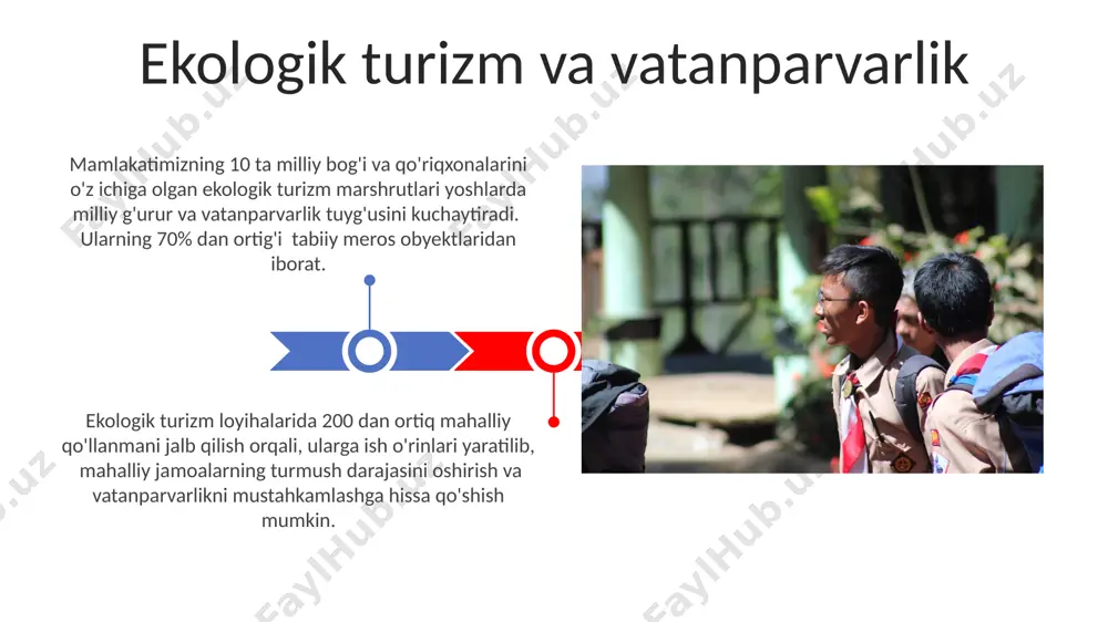 hga yordam beradi. interaktiv o'quv materiallari va zamonaviy texnologiyalarni qo'llash orqali o'qituvchilarning malakasini oshirish samaradorligini 30% ga yaxshilash mumkin. o'qituvchilarni turizm pedagogikasi bo'yicha 50 soatlik ixtisoslashtirilgan kurslarga jalb qilish, ularning vatanparvarlik tarbiyasi bo'yicha bilim va ko'nikmalarini 20% ga oshirishga yordam beradi. o'qituvchilarning malakasini oshirish tadqiqotlar va kelajakdagi istiqbollar kelajakda, turizm pedagogikasi sohasida sun’iy intellekt texnologiyalaridan foydalanib, 1000 dan ortiq ta’lim resurslarini yaratish va ularni virtual oʻquv platformalarida joylashtirish mumkin. oʻquvchilarning vatanparvarlik tuygʻularini rivojlantirishda turizm pedagogikasi samaradorligini oʻrganish boʻyicha kamida 50 ta maktabda empirik tadqiqotlar oʻtkazish rejalashtirilgan. vatanparvarlik tuyg'usini shakllantirishda turizmning roli mamlakatning tabiiy boyliklari va madaniy merosini namoyish etuvchi 10 ta interaktiv turizm dasturi yoshlarni vatanparvarlik ruhida tarbiyalashga ijobiy ta'sir ko'rsatadi. turistlik yo'nalishlarini o'rganish jarayonida 5 dan ortiq tarixiy yodgorliklar va milliy bog'larni ziyorat qilish vatanparvarlik tuyg'usini 30% ga kuchaytirishga yordam beradi. tarixiy-madaniy merosni o'rganish orqali vatanparvarlikni rivojlantirish tarixiy obidalarni 5 ta seansli ekskursiya dasturi orqali o'rganish, yosh avlodda milliy …