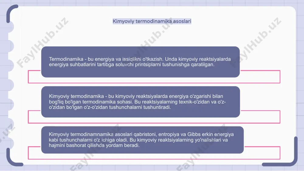lar kimyoviy jarayonlarni optimallashtirishga yordam beradi. termodinamik printsiplarni qo'llash orqali olimlar samarali kimyoviy tizimlarni loyihalashtirishlari va turli sharoitlarda ularning xatti-harakatlarini taxmin qilishlari mumkin. termodinamik hisob-kitoblar, optimallashtirish jarayonlarini optimallashtirish va unumdorlikni maksimal darajada oshirish bo'yicha muhandis va kimyogarlar uchun muhim ma'lumotlarni beradi. kundalik hayotda termodinamika termodinamiklar kundalik hayotiy hayotimizda muhim rol o'ynaydi, qancha energiya o'tkazib, o'zgaradi. avtomobilni haydash uchun ovqat pishirishdan biz ishda termodinamik tamoyillarga duch kelamiz. kimyoviy termodinamikalar kimyoviy reaktsiyalar paytida sodir bo'lgan energiya o'zgarishlarini o'rganadi va nima uchun reaktsiyalar nima uchun reaktsiyalar ro'y beradi va ularning natijalarini qanday bashorat qilish kerakligini tushunishga yordam beradi. bu bizni maksimal samara beradigan jarayonlarni optimallashtirish uchun yo'naltiradi. termodinamikani tushunish bizga hayotning turli tomonlarida, masalan, energiya tejaydigan asboblarni tanlash yoki resursdan foydalanish uchun barqaror strategiyalarni tanlash kabi, hayotning turli tomonlarini taqdim etishga imkon beradi. bu bizga yanada barqaror va barqaror kelajakni yaratishga imkon beradi. e'tiboringiz uchun rahmat