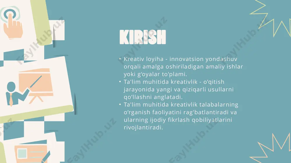 reativ loyiha va ta'lim muhitidagi kreativlik – bu nafaqat talabalarning ijodiy imkoniyatlarini rivojlantirish, balki ularni jamiyatga foydali bo‘lishga tayyorlash imkoniyatidir. kreativ yondashuvlar va innovatsion texnologiyalarni qo‘llash orqali ta'lim tizimi yanada samarali va qiziqarli bo‘lishi mumkin. xulosa image1.png image10.svg image11.png image12.svg image13.png image14.svg image15.png image16.svg image2.png image3.svg image4.png image5.png image6.svg image7.png image8.svg image9.png image18.svg image19.png image20.svg image21.png image22.svg image17.png image24.svg image25.png image26.svg image23.png image31.png image32.svg image33.png image34.svg image27.png image28.svg image29.png image30.svg image36.svg image37.png image38.svg image39.png image40.svg image41.png image42.svg image35.png image44.png image45.svg image43.png image46.png image47.svg image48.png image49.svg image50.png image51.svg image55.svg image56.png image57.svg image52.png image53.svg image54.png image63.svg image64.png image65.svg image66.png image67.svg image68.png image69.svg image58.png image59.svg image60.png image61.svg image62.png /docprops/thumbnail.jpeg