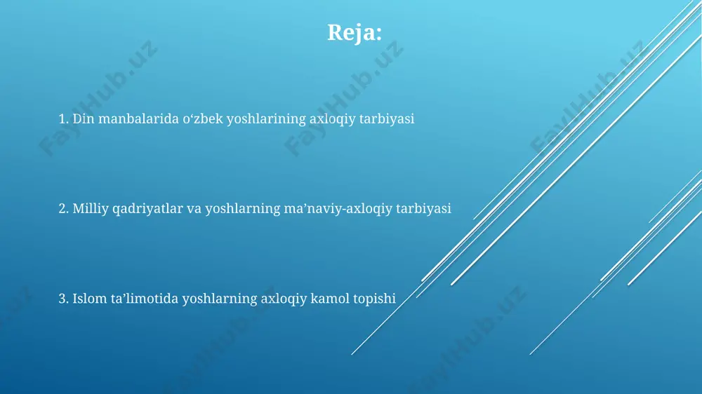 rlikni ta'minlaydi. qur'oni karimda 114 ta sura mavjud bo'lib, ularning ko'pchiligi insonlarning axloqiy kamol topishi, mehr-oqibat, adolat va halollik kabi fazilatlarni rivojlantirishga bag'ishlangan. zamonaviy yoshlarni diniy axloq asosida tarbiyalash diniy matnlarni zamonaviy pedagogik texnologiyalar bilan birgalikda qo‘llash orqali yoshlarning 80% ga yaqinida axloqiy qadriyatlarni shakllantirish mumkin. zamonaviy yoshlarni 5 ta asosiy diniy qoida (taqvo, halollik, mehr-oqibat, adolat, sabr) asosida tarbiyalash ularning shaxsiy va ijtimoiy rivojlanishiga ijobiy ta’sir ko‘rsatadi. islom ta’limotida keltirilgan 10 ta fazilat (masalan, saxiylik, kamtarlik, rostgo‘ylik) yoshlarning psixologik barqarorligini mustahkamlashga yordam beradi. din manbalarida yoshlarning axloqiy tarbiyasi avesto va turli diniy adabiyotlardagi hikmatlar, masallar va qissalar yoshlarda 3 ta asosiy fazilat – donolik, saxovat va mardlikni tarbiyalashga qaratilgan boʻlib, ularning hayotda toʻgʻri yoʻlni tanlashga yordam beradi. islomda 5 ta asosiy ibodat – namoz, roʻza, zakot, haj va iymon – yoshlarning axloqiy barkamolligini shakllantirishda muhim rol oʻynaydi, ularning sabr-toqat, mehr-oqibat va adolatlilik kabi fazilatlarini rivojlantiradi. qur'oni karim va hadislar …