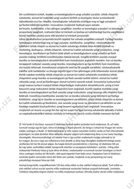ategik yoʻnalishlarni belgilashning mavhum va nomaʼlum jihatlarini oydinlashtirish orqali tartiblashtirishga erishiladi. istiqbol maqsadlarni qoʻygan davlatlarning aksariyati milliy strategik muvaffaqiyatlarni yaimning oʻsishida, fuqarolarining farovonlik darajasining yuksalishida, deb qaraydi. yaqin oʻtmishda davlatning birlamchi vazifalari hosildorlikni oshirish, oltin-neftni koʻpaytirish, armiyani mustahkamlash bilan izohlangan. albatta, ushbu omillarni inkor etmagan holda bugun oʻzbekistonda milliy qadriyatlar bilan qurollangan davlatning strategik maqsadi fuqarolarning gʻoyaviy eʼtiqodi, bilim-salohiyati, jamiyatdagi mukammal qonunlar va barqaror ijtimoiy institutlarning mavjudligini taʼminlash asnosida amalga oshirish koʻzda tutilmoqda. strategik maqsadlarning aynan inson kapitaliga va u orqali adolatli qonunlarning, faol ijtimoiy institutlar harakati tashkil etilishiga qaratilayotganligi bejizga emas. shuning uchun har qanday islohotlar inson kapitalini rivojlantirish bilan amalda uning tamal toshi mustahkamlanadi. mamlakatimiz strategiyasi nafaqat ichki va tashqi siyosatdagi islohotlar sari tashlangan qadamda, balki, eng avvalo, davlatning xalqqa, xalqning davlatga boʻlgan munosabatini oʻzgarayotganligida namoyon boʻlmoqda. yurtimizda yashayotgan har qaysi inson millati, tili va dinidan qatʼi nazar, erkin, tinch va badavlat umr kechirishi, bugun hayotdan rozi boʻlib …
