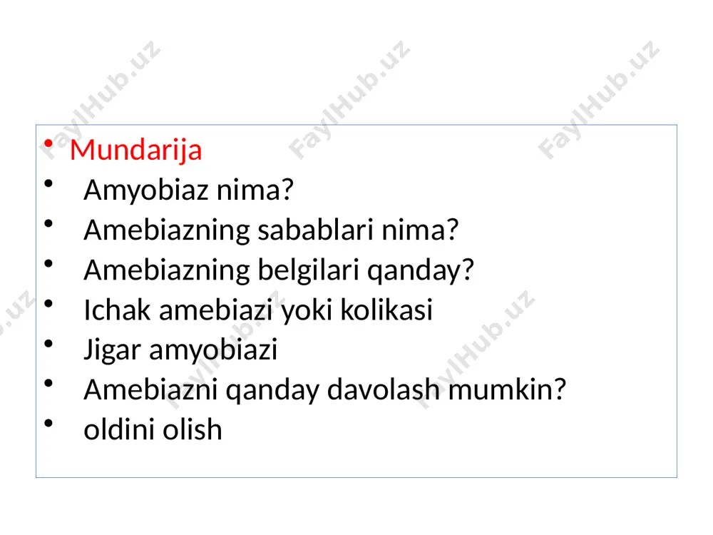 a suv, oziq-ovqat va qo'llarning najas bilan ifloslanishini yo'q qilish va kistalar mavjudligini ko'rsatadigan diagnostika usullarini qo'llash kerak, shu jumladan "alomatlarsiz" tashuvchilarda. kutilmoqda: qo'l siqishdan keyin qo'lingizni og'zingizga qo'yishdan saqlaning; qo'lingizni hojatxonada quritish uchun iflos matolardan foydalanmang; kapsüllangan shisha mineral suvni iste'mol qiling; meva va sabzavotlarni qaynatilgan suv bilan tozalangan yoki xlorga o'tgandan keyin iste'mol qiling; organik moddalarni yo'q qilish orqali suzish havzalarini kuzatib boring; hovuzlardagi suvni yangilang. image1.png /docprops/thumbnail.jpeg