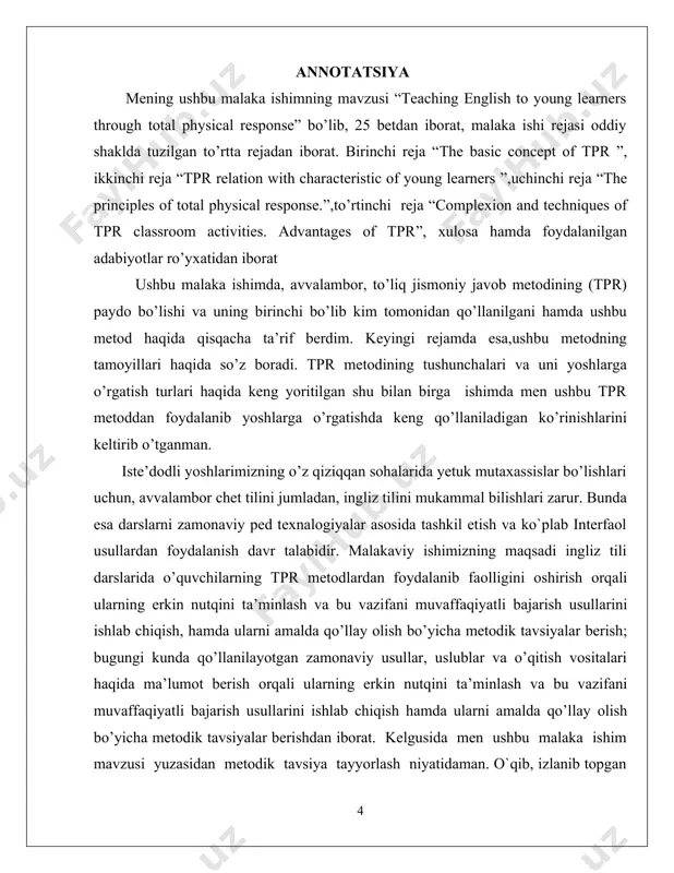 zlanib topgan manbalar yuzasidan berilgan taklif va tavsiyalarni o`zimning darslarimda o`z o`rnida foydalanmoqchiman. . theme: teaching english to young learners through total physical response table of content 1.the basic concept of total physical response 2.tpr relation with characteristic of young learners 3. the principles of total physical response. 4. complexion and techniques of tpr classroom activities. advantages of tpr. conclusions used literature introduction tell me and i will forget, show me and i may remember, do me and i will learn. (chinese proverb) english to the primary school pupils is not an easy task since it requires a lot of creativity. according to harmer (2001), young learners learn distinctly from older learners, adolescents, and adults[footnoteref:2]. they easily get bored, losing interest after ten minutes or so. their world is still full of enjoyable activities. if english is taught interestingly, it will motivate them to learn it better. according to child …