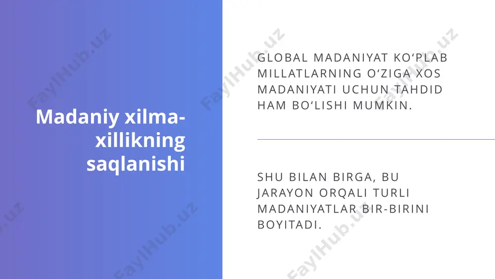 globallashuv va madaniyat iqtisodiy integratsiya madaniy jarayonlarni ham o‘zgarishga majbur qiladi. kompaniyalar o‘z madaniy o‘ziga xosliklarini global bozorda tanitishga harakat qilmoqda. globallashuvga qarshi harakatlar ayrim jamiyatlar globallashuvga qarshi kurashib, o‘z madaniy merosini himoya qilmoqda. bu jarayon mahalliy madaniyatlarning saqlanishiga yordam beradi. image1.png image2.svg image2.png image4.svg /docprops/thumbnail.jpeg