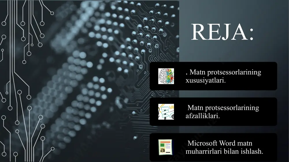 kli malumotlar ustida yuzdan ortiq operatsiyalarni bajaruvchi xamda matnli protsessorlar sinfiga kiruvchi eng takomillashgan amaliy dasturlardan biri hisoblanadi. ms word – yordamida ixtiyoriy ko’rinishdagi xujjatni juda tez va yuqori sifatda tayorlash mumkin. dasturning yana bir qulaylik tomoni shundan iboratki, unda bir nechta xujjatlar bilan, ya’ni ularni qo’shish, biridan ikkinchisiga kerakli joyni olib ko’chirish, matn oldiga tasvir tushirish, jadval tashkil qilish, turli shriftlar bilan ishlash, xarflarni istalgan shaklda yetarlicha katta formatda chop etish mumkin word matn muxarriri imkoniyatlari. -matnni kiritish, taxrir qilish va ko’zdan kechirish; -qator oraliqlari abzatsini o’rnatish; -avtomatik tarzda matnni saxifalarga bo’lish; -matn qismni ajratish va uni kerakli joyga nusxalash; -xujjat mundarijasini tuzish; -matematik, kimyoviy formulalarni yozish; -xar xil shriftlarda – oddiy, og’ma, tagiga chizib yozish; -bir vaqtda bir nechta oynada xujjat tayorlash; -matnda xar xil shakl, grafik va rasmlardan foydalanish; -turli ma’lumotli jadvallar tuzish; -avtofiguralar chizish, titul varaqalarini jihozlash va shu kabi yana bir turkum ishlarni bajarishi mumkin …
