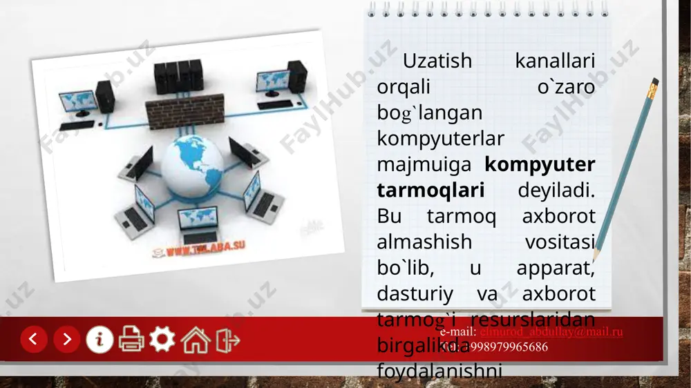 il.ru tel: +998979965686 internetdagi mavzuli domenlar domen mavzu belgisi com - - - - - - - - - - - - - - - - - - - - tijorat korxonalari edu - - - - - - - - - - -- -o`quv muassasasi(masalan universitet) mil - - - - - - - - - - - - - -- - - - - harbiy muassasalar net - - - - - - - - - - - - - - - - - - - - tarmoq tashkilotlar orq - - - - - - - -- - - - - - - - - - - - - boshqa tashkilotlar e-mail: elmurod_abdullay@mail.ru tel: +998979965686 internetdagi geografik domenlar domen mamlakatlar au ______________________________________avstraliya ca ______________________________________kanada de ______________________________________germaniya fr_______________________________________fransiya ir_______________________________________yaponiya it_______________________________________italiya ru_______________________________________rossiya us______________________________________ aqsh uz______________________________________ o`zbekiston e-mail: elmurod_abdullay@mail.ru tel: +998979965686 etiboringiz uchun rahmat!!! image3.jpg image4.png image5.png image6.png image7.jpg image8.jpg …