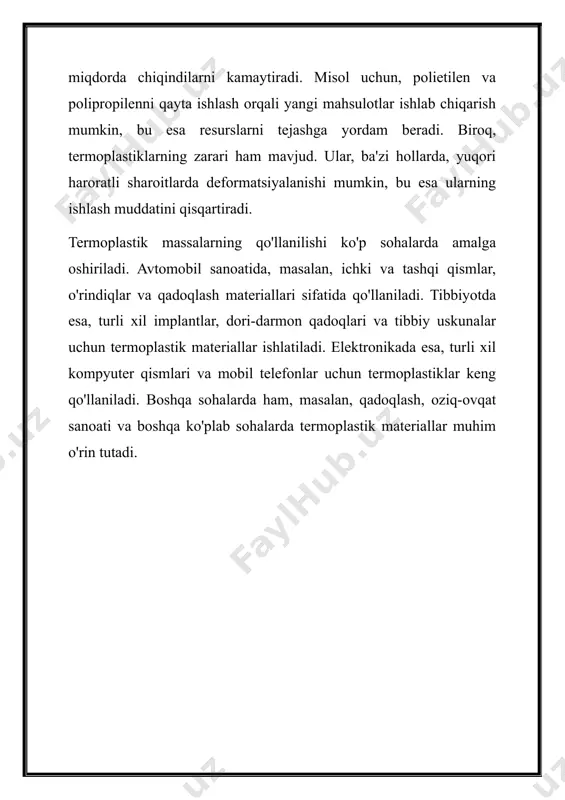 k soviganda qattiq holatga o'tadigan materiallar sifatida, qayta ishlanishi mumkin. boshqa tomondan, termoreaktiv plastiklar, bir marta ishlov berilgandan so'ng, qayta ishlanmaydi va o'zining kimyoviy tuzilishini o'zgartiradi. termoplastiklar ko'pincha turli xil ishlab chiqarish jarayonlarida qo'llaniladi, masalan, inyeksiya, ekstruziya va formirovka qilish. ular, o'z navbatida, tez va samarali ishlab chiqarish imkoniyatini beradi. termoreaktiv plastiklar esa ko'proq murakkab jarayonlar orqali ishlab chiqariladi va yuqori harorat va bosim talab qiladi. shuningdek, termoplastiklar ko'pincha qadoqlash va iste'molchi mahsulotlari uchun ishlatilsa, termoreaktiv plastiklar ko'proq sanoat va texnik ilovalar uchun ishlatiladi. mexanik xususiyatlar jihatidan, termoplastiklar odatda elastik va yumshoqroq bo'lishi mumkin. termoreaktiv plastiklar esa, qattiq va mustahkam bo'lib, yuqori mexanik kuchga ega. bu farq ularning qo'llanilishida muhim rol o'ynaydi. termoplastiklar, masalan, qadoqlash, ichki avtomobil qismlari va tibbiyotda ishlatiladi, termoreaktiv plastiklar esa avtotransport va aerokosmik sanoatda keng qo'llaniladi. kimyoviy qarshilik jihatidan, termoplastiklar ba'zi hollarda kimyoviy moddalar bilan reaksiyaga kirisha oladi. termoreaktiv plastiklar esa ko'pincha yuqori kimyoviy barqarorlikka ega …