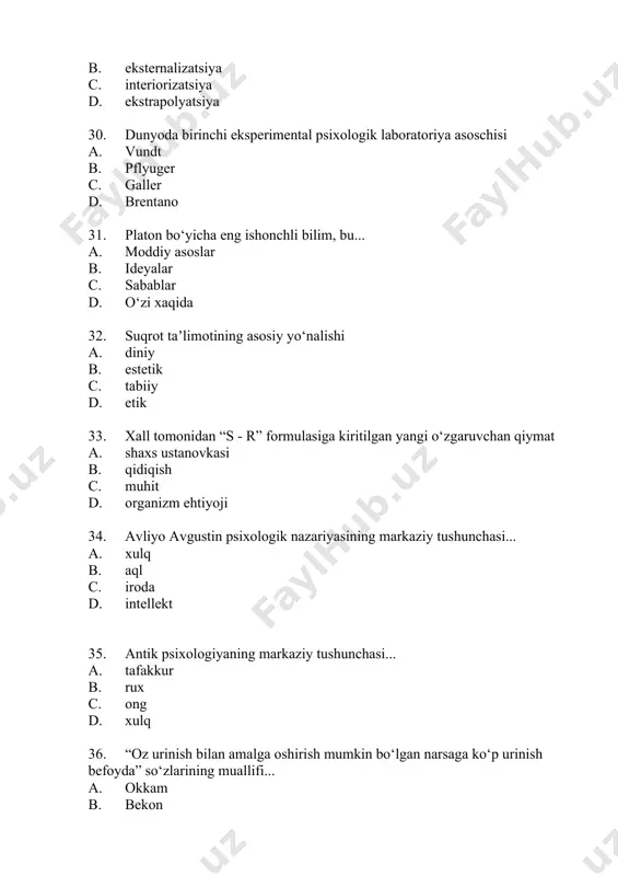 satish) atamasini taklif qilgan olim... a. braun b. gerder c. spenser d. millь 62. psixologiyada “test” atamasining muallifi a. galьton b. rodjers c. errikson d. yung 63. feyerbax antropologiyasining markaziy muammosi - ... ning mohiyati a. aqlning b. tabiatning c. odamning d. irodaning 64. xorni bo‘yicha odamda nevrozlarning asosiy sababi... a. individuallilik b. ijtimoiy muhit c. libido d. biologik tabiat 65. stoiklarda rux xaqidagi taʼlimotning markaziy masalalari, bu ... a. etik va tabiiy ilmiy b. diniy c. estetik d. bilish 66. 'obʼektiv psixologiya' (1903), 'refleksologiyaning umumiy asoslari' (1918), 'jamoaviy refleksologiya' (1921), 'shaxsni obʼektiv o‘rganish' (1923), 'umumiy refleksologiya asoslari' (1923) asarlarining muallifi, bu: a. vыgotskiy b. leontьev c. kornilov d. bexterev 67. o‘rta asrlar yevropa mutafakkiri, tafakkurning optimalligi (tejamkorligi) tamoyilining muallifi. a. okkamm b. аvgustin c. skott d. kampanella 68. psixologiyada “unutish egri chizig‘i” muallifi a. gallь b. shtern c. vundt d. ebbingauz 69. gelьvetsiyning “odam xaqida” kitobini nashr qilgan rus …